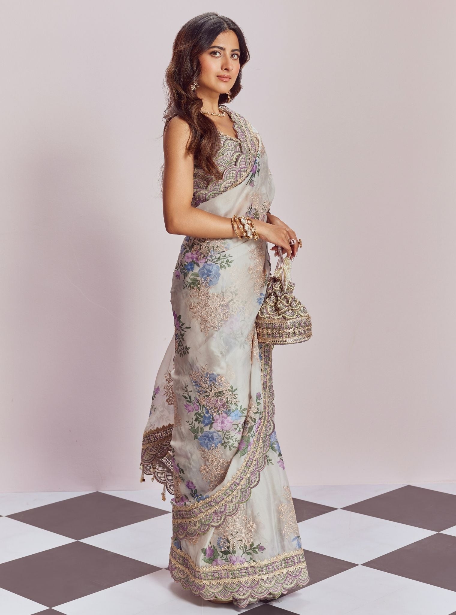 Mulmul Organza Printed Swar Dull White Saree