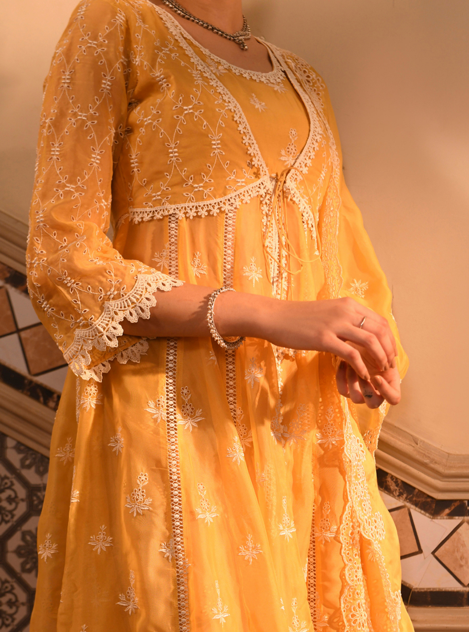 Mulmul Organza Nyla Yellow Anarkali Kurta With Mulmul Cotton Nyla Yellow Pant