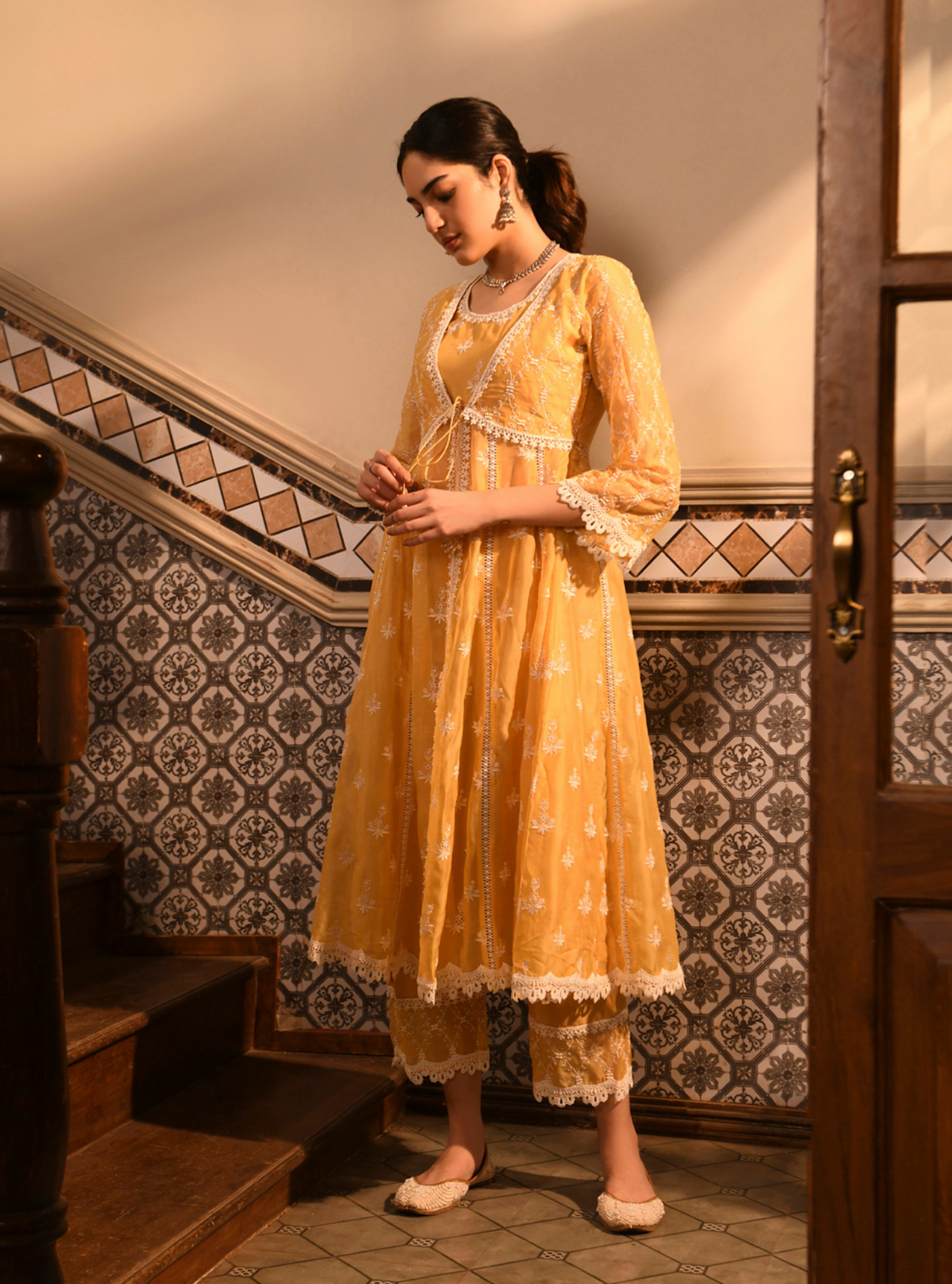 Mulmul Organza Nyla Yellow Anarkali Kurta With Mulmul Cotton Nyla Yellow Pant
