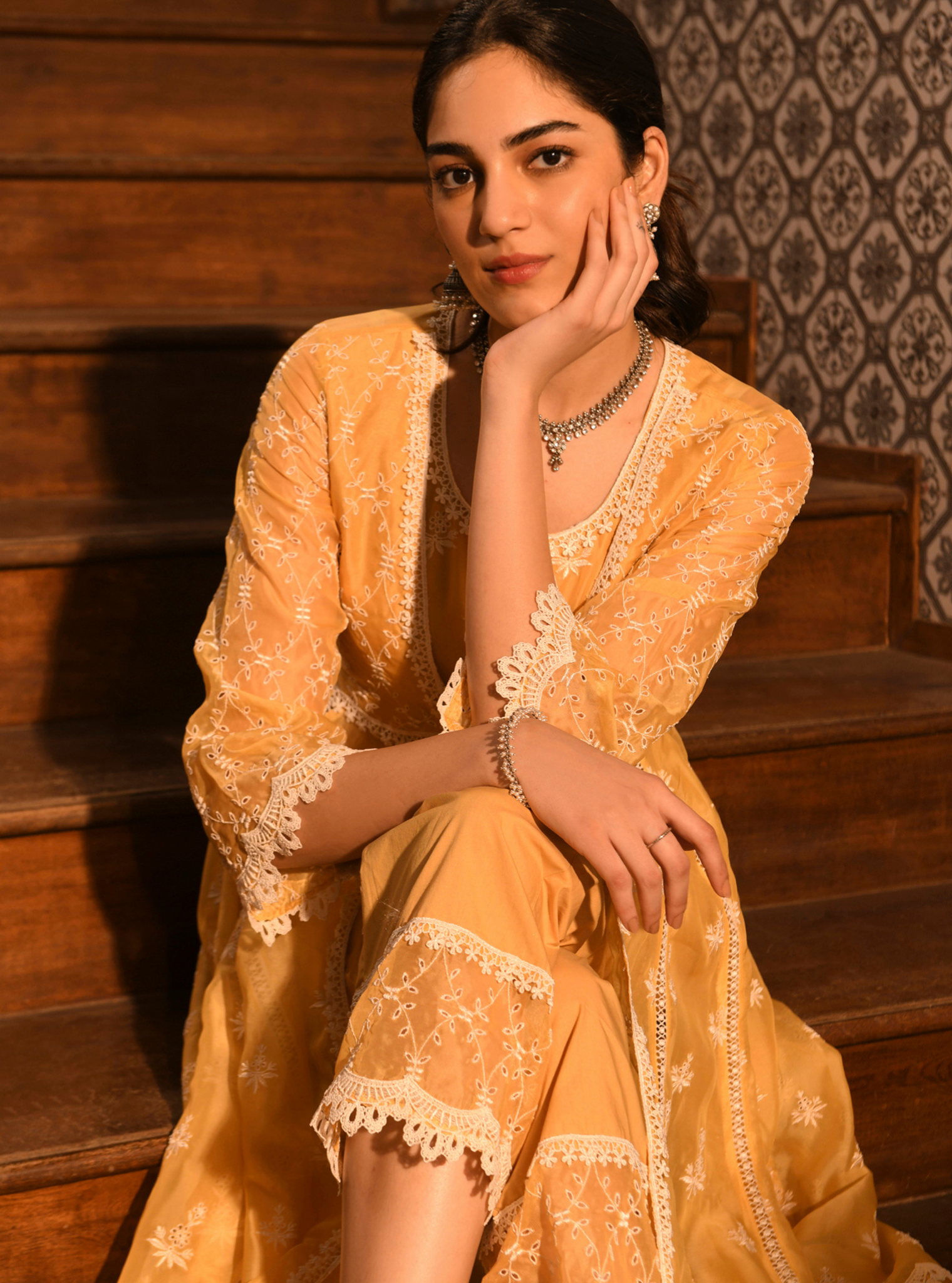 Mulmul Organza Nyla Yellow Anarkali Kurta With Mulmul Cotton Nyla Yellow Pant