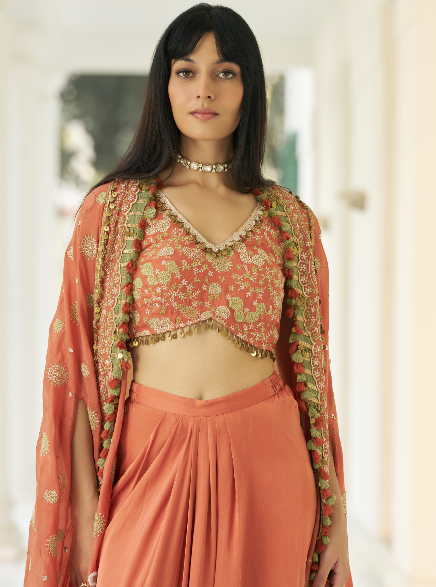 Parinay Glass Organza Orange Cape With Skirt