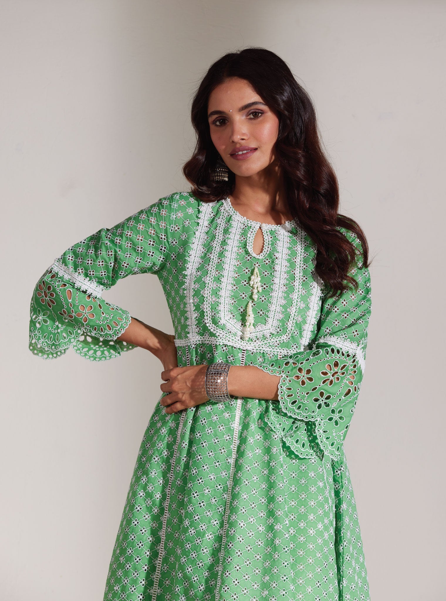 Mulmul Cotton Arris Green Anarkali Kurta