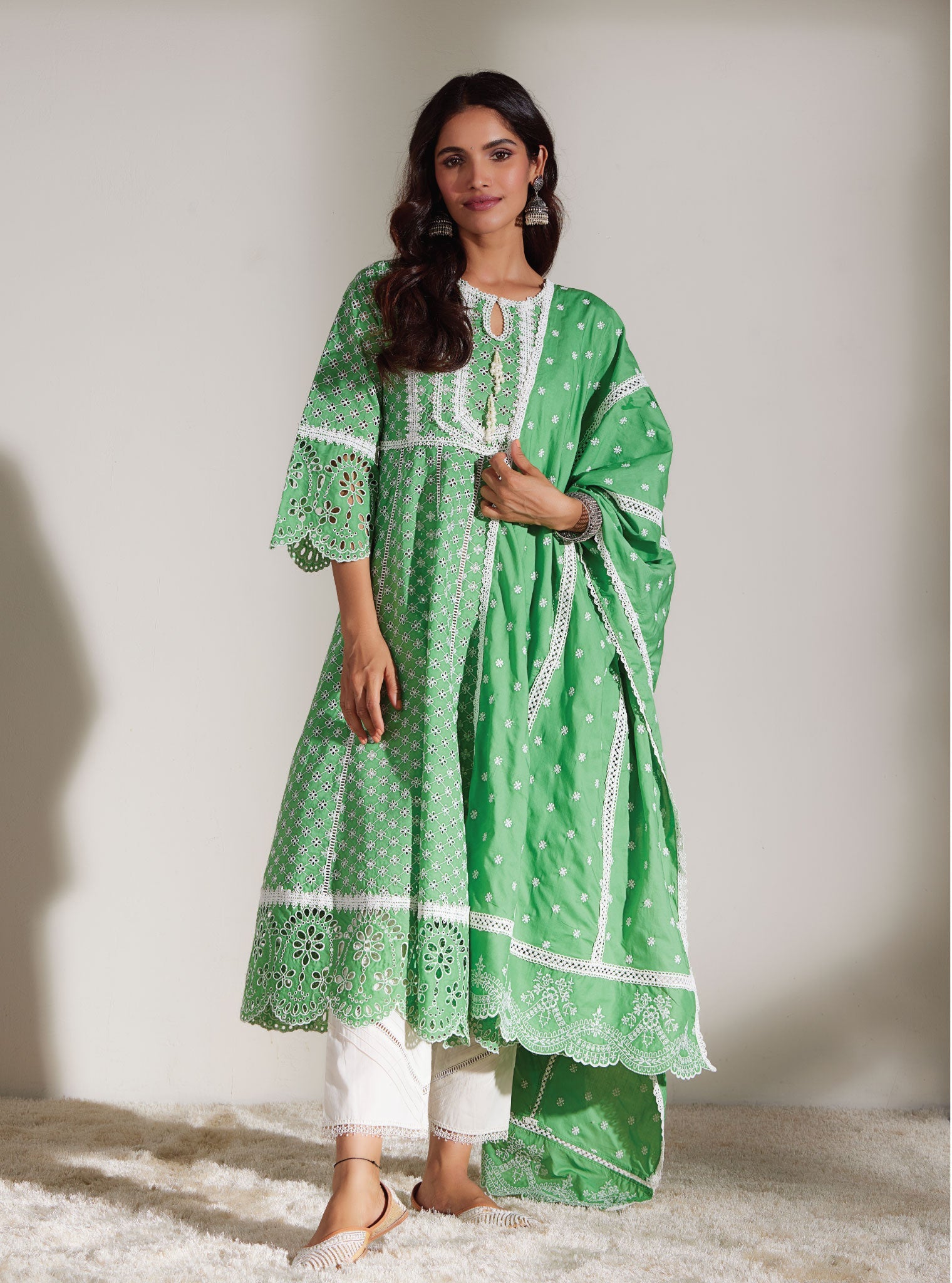 Mulmul Cotton Arris Green Anarkali Kurta