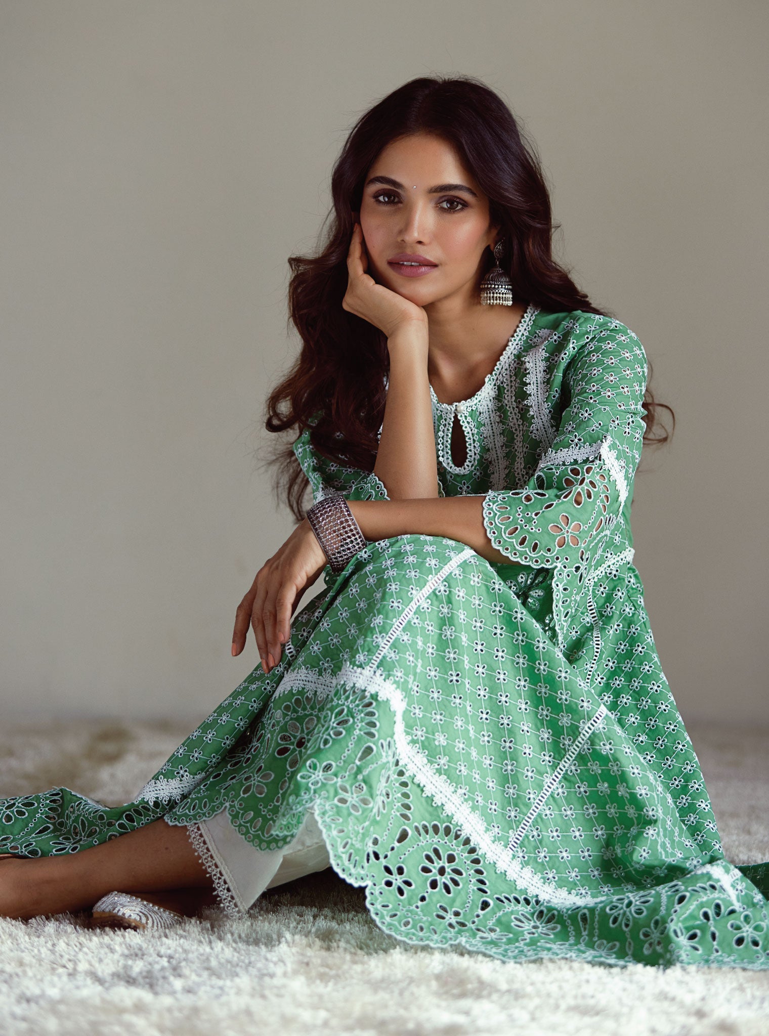 Mulmul Cotton Arris Green Anarkali Kurta