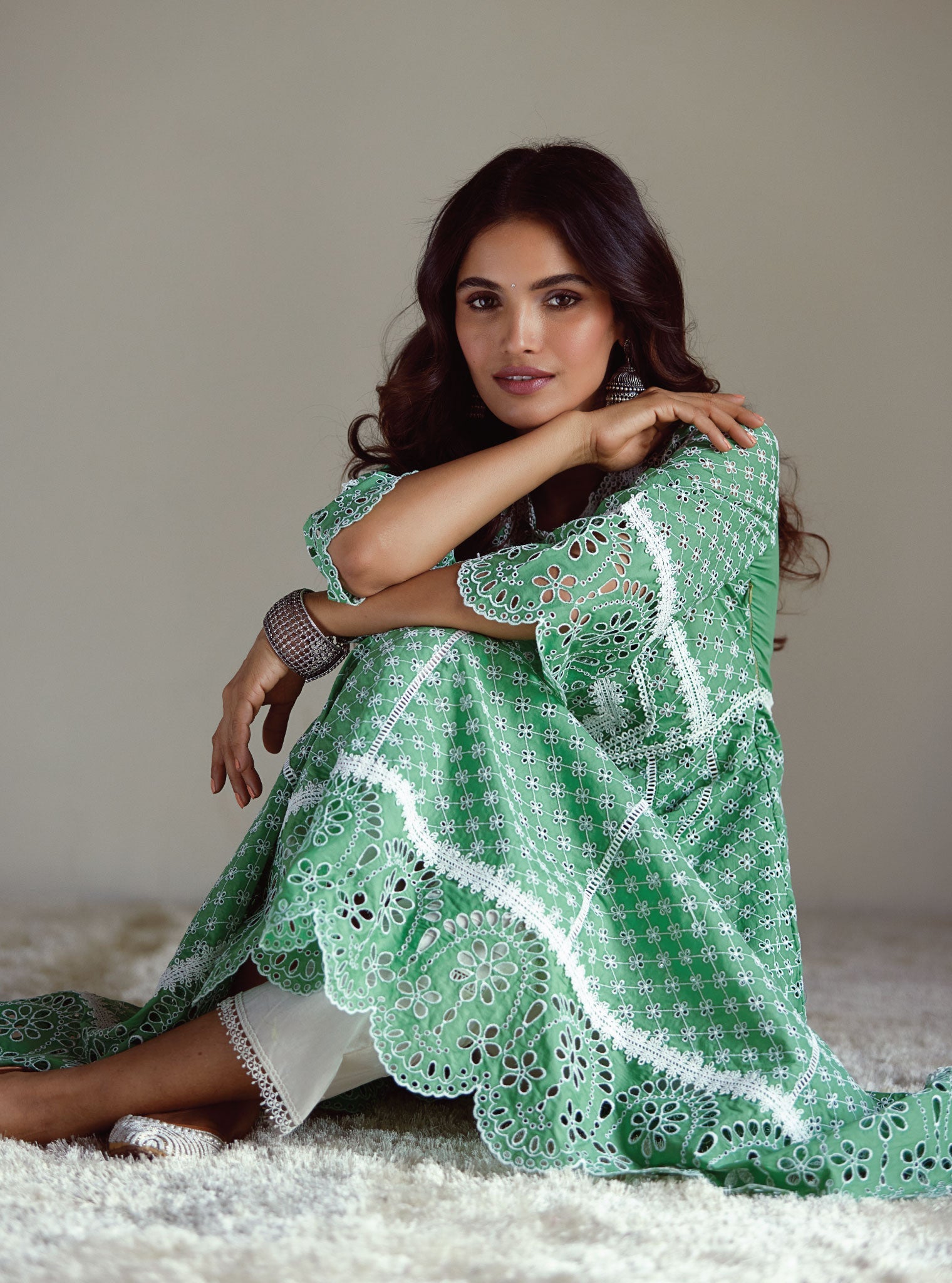 Mulmul Cotton Arris Green Anarkali Kurta