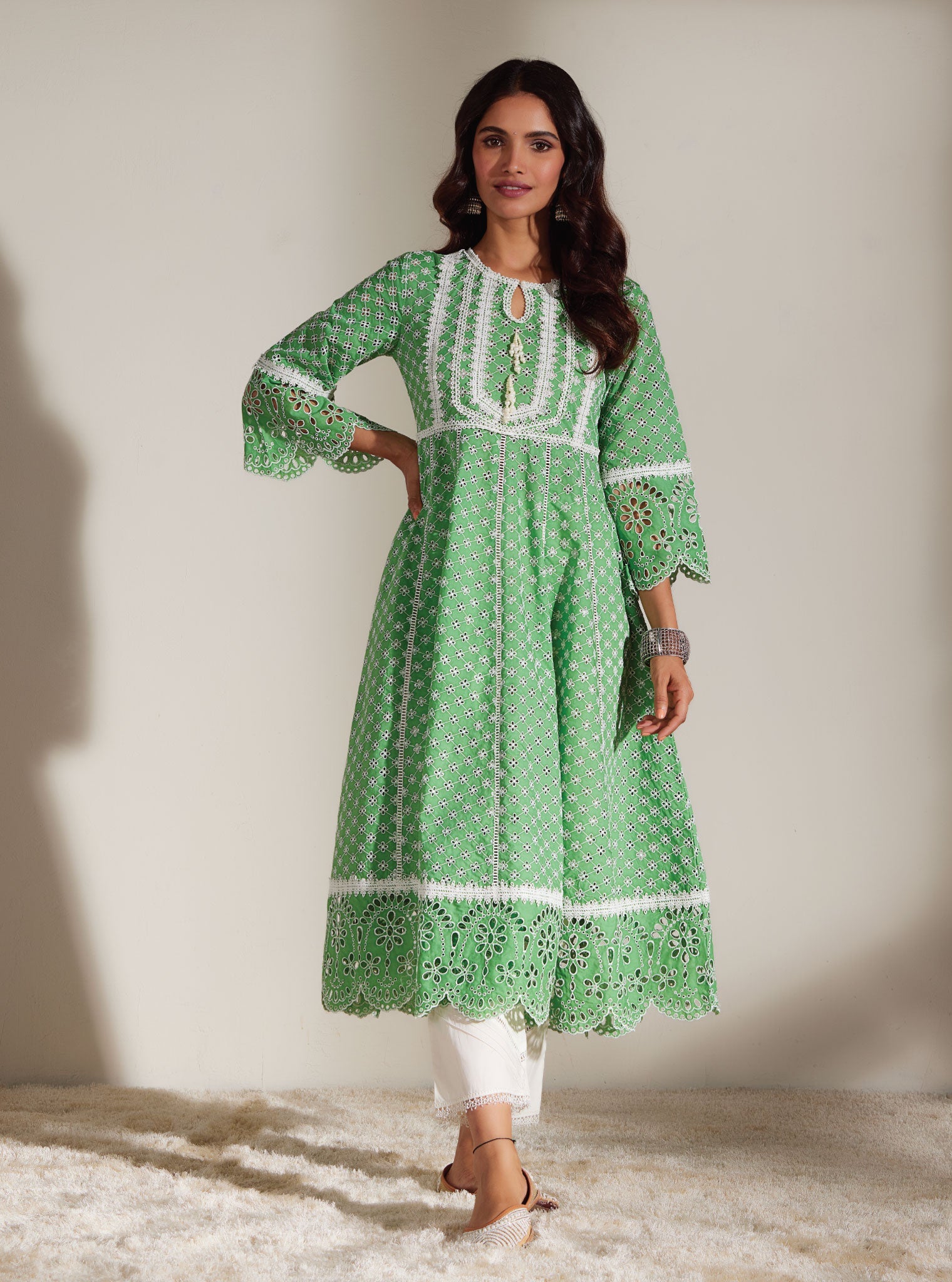 Mulmul Cotton Arris Green Anarkali Kurta