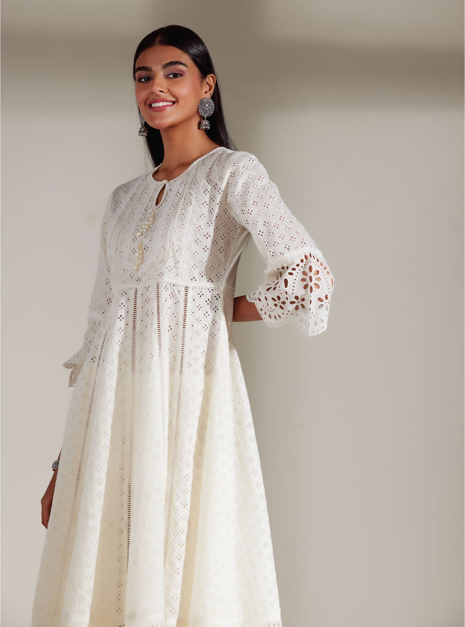 Mulmul Cotton Arris White Anarkali Kurta With Diagonal Lace White Pant