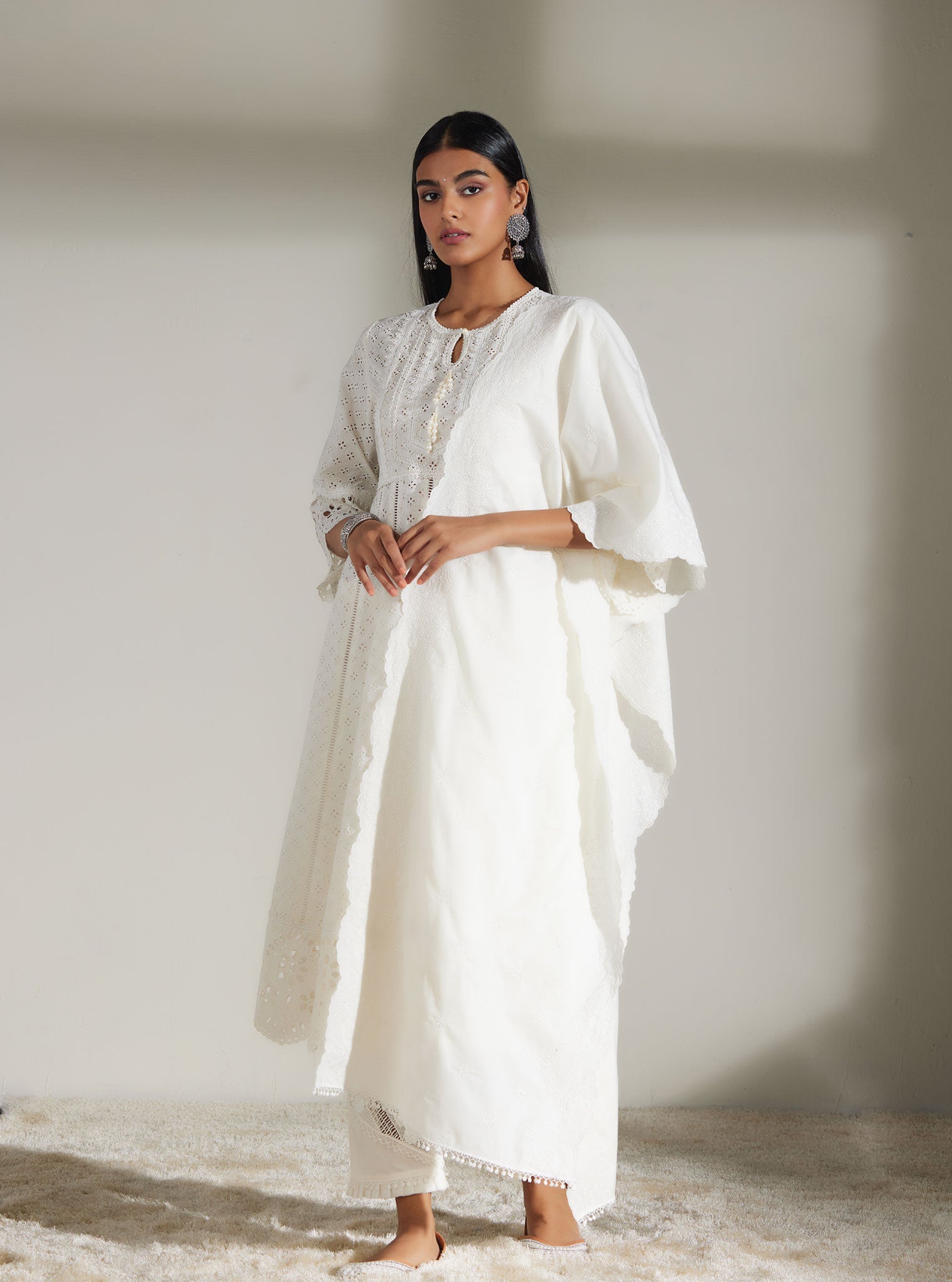 Mulmul Cotton Arris White Anarkali Kurta With Diagonal Lace White Pant