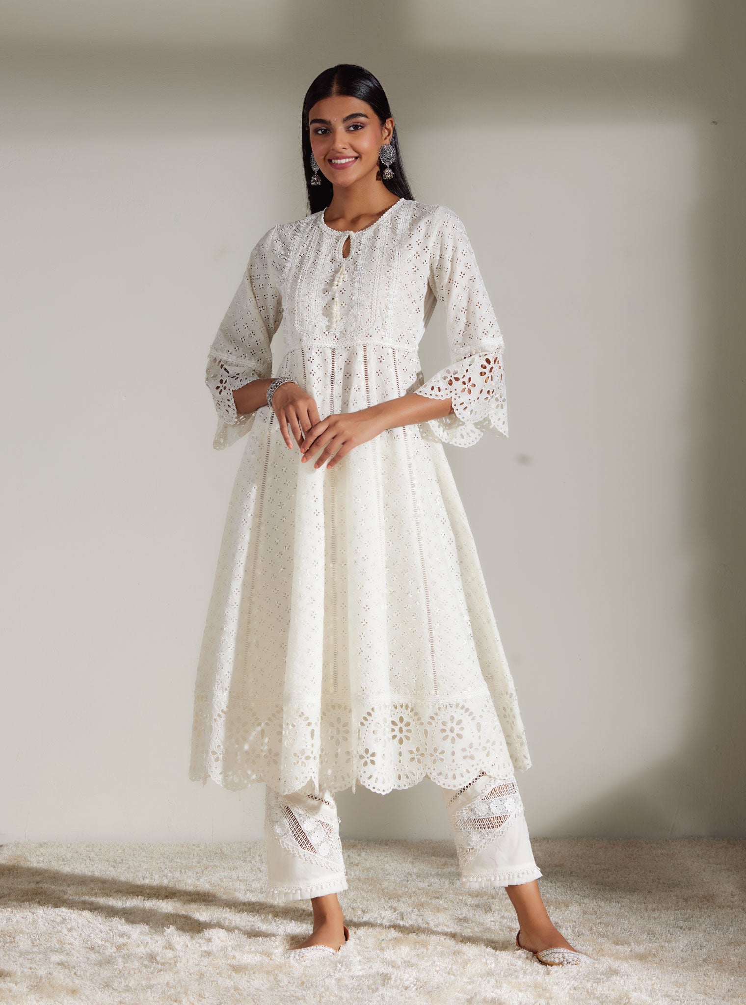 Mulmul Cotton Arris White Anarkali Kurta With Diagonal Lace White Pant