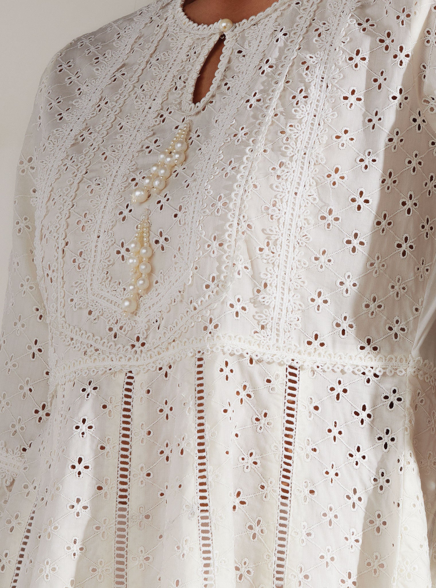 Mulmul Cotton Arris White Anarkali Kurta With Diagonal Lace White Pant