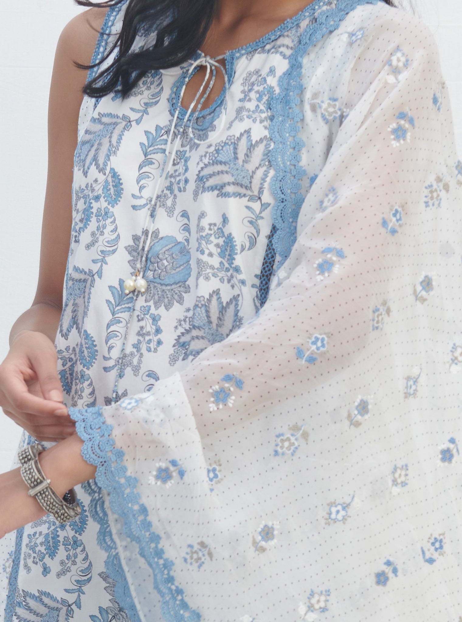 Mulmul Cotton Sakura Blue Kurta With Mulmul Cotton Sakura Blue Pant