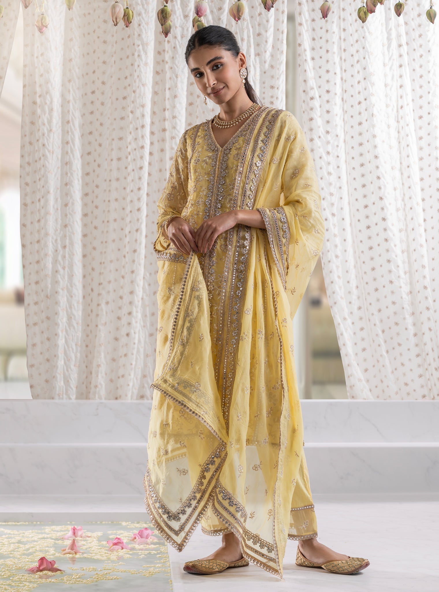 Mulmul Organza Sawariya Yellow Kurta With Mulmul Pima Sawariya Yellow Pant