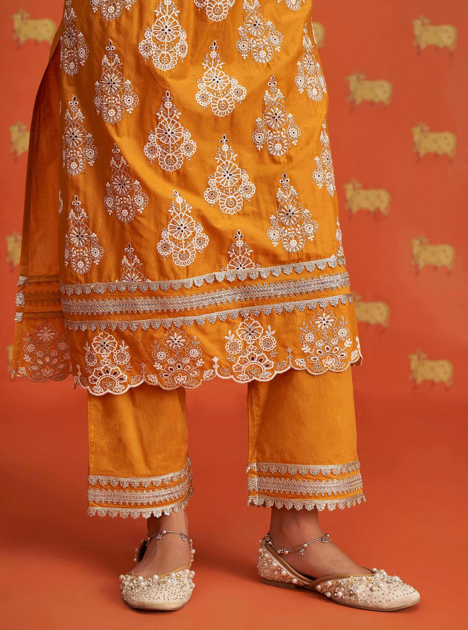 Mulmul Cotton Kaeo Orange Kurta With Mulmul Cotton Kaeo Orange Pant