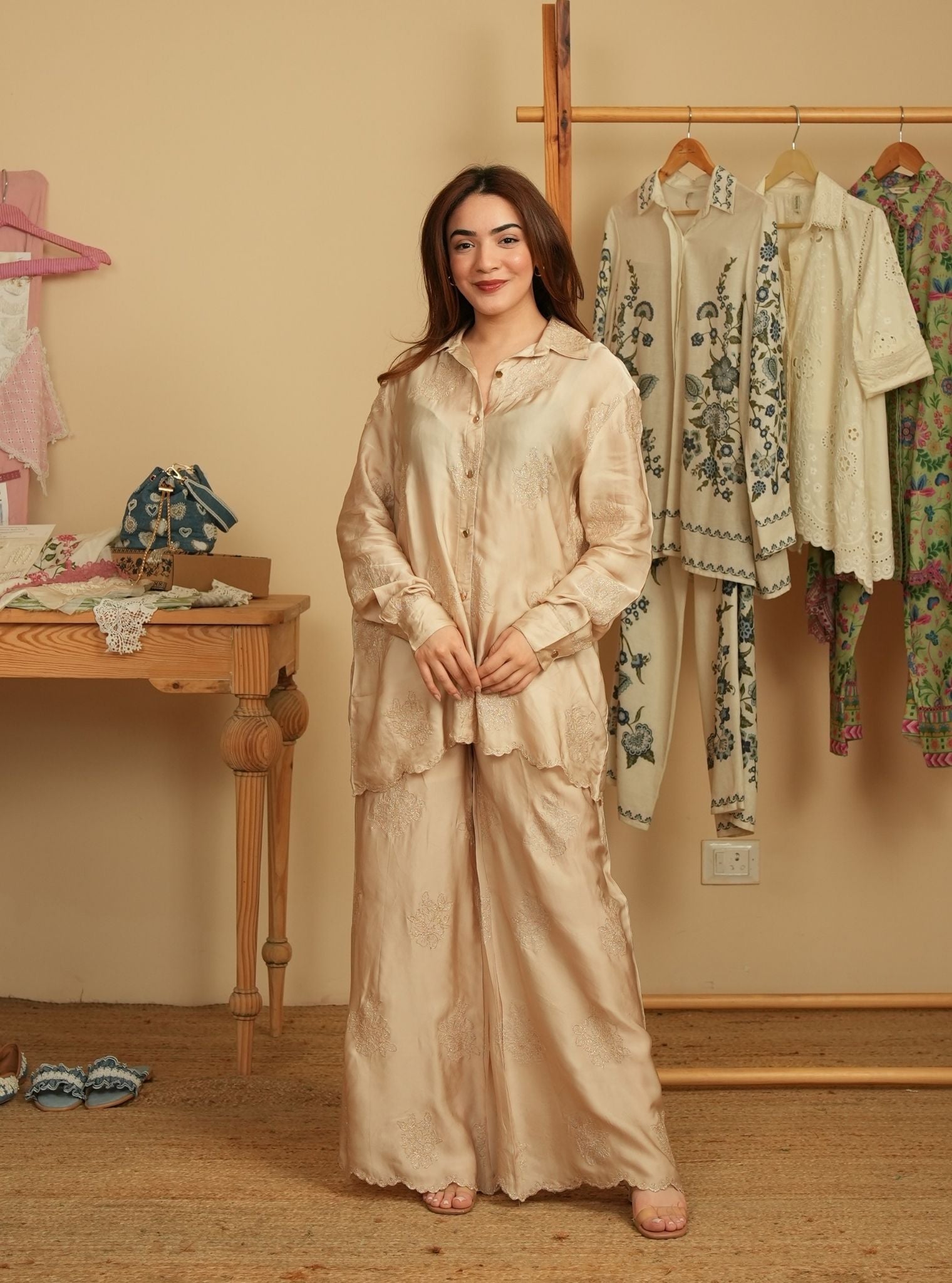 Mulmul Cupro Satin Mireille Beige Shirt With Mulmul Cupro Satin Mireille Beige Pant