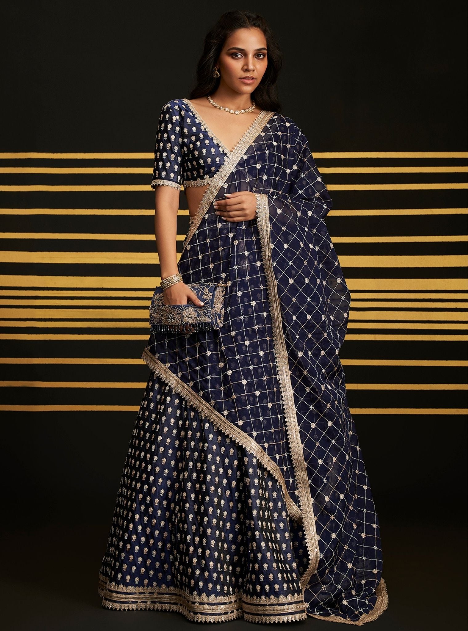 Mulmul Luxe Tissue Heeriye Navy lehenga