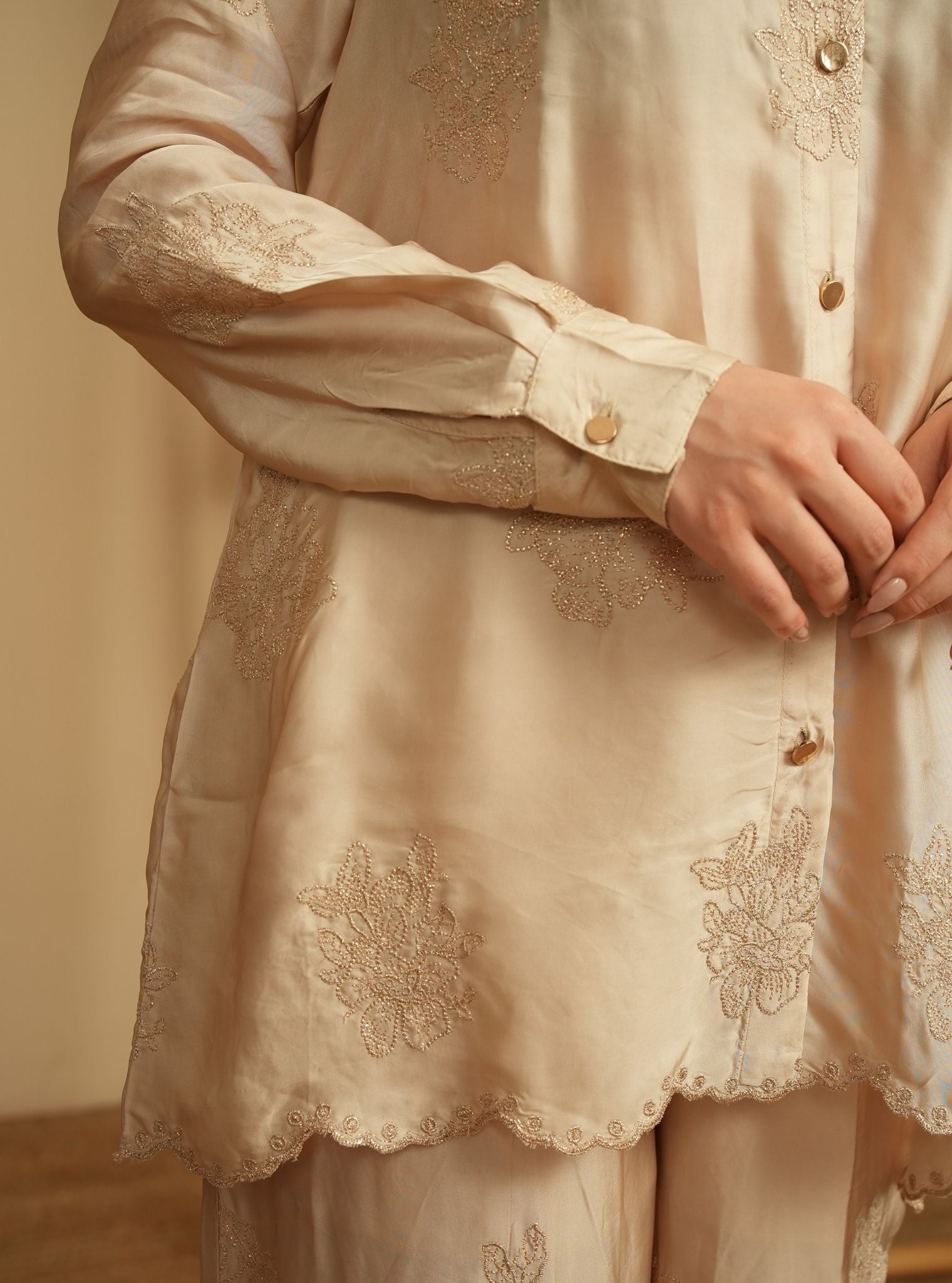 Mulmul Cupro Satin Mireille Beige Shirt With Mulmul Cupro Satin Mireille Beige Pant