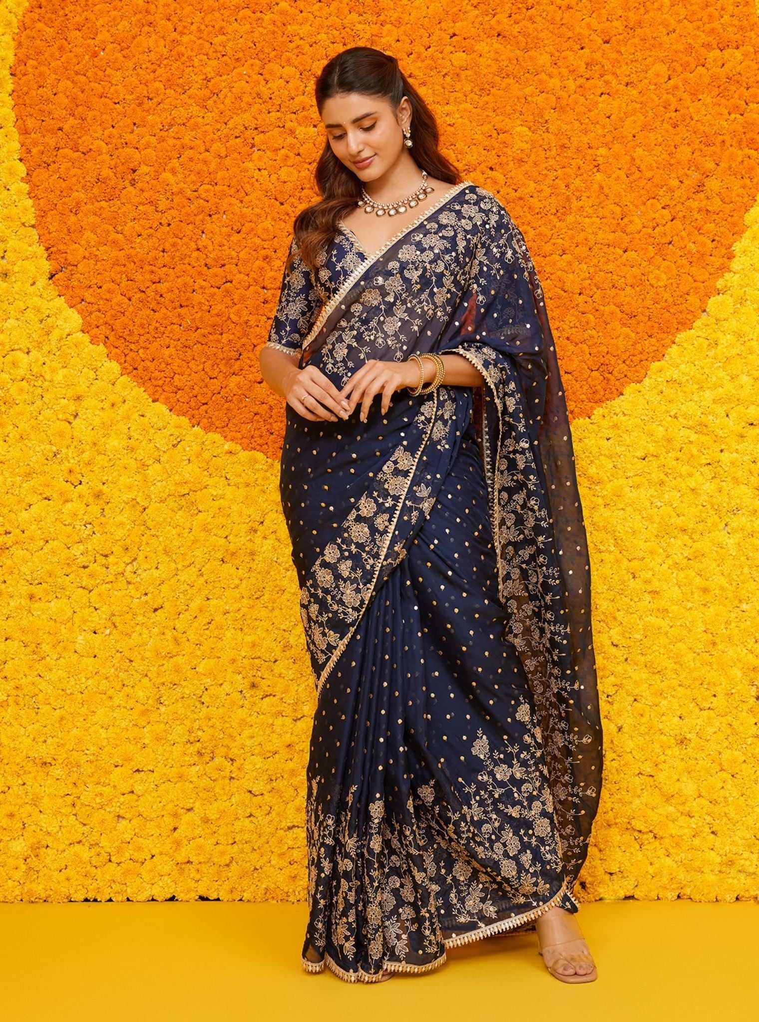 Mulmuil Organza Jigar Navy Saree