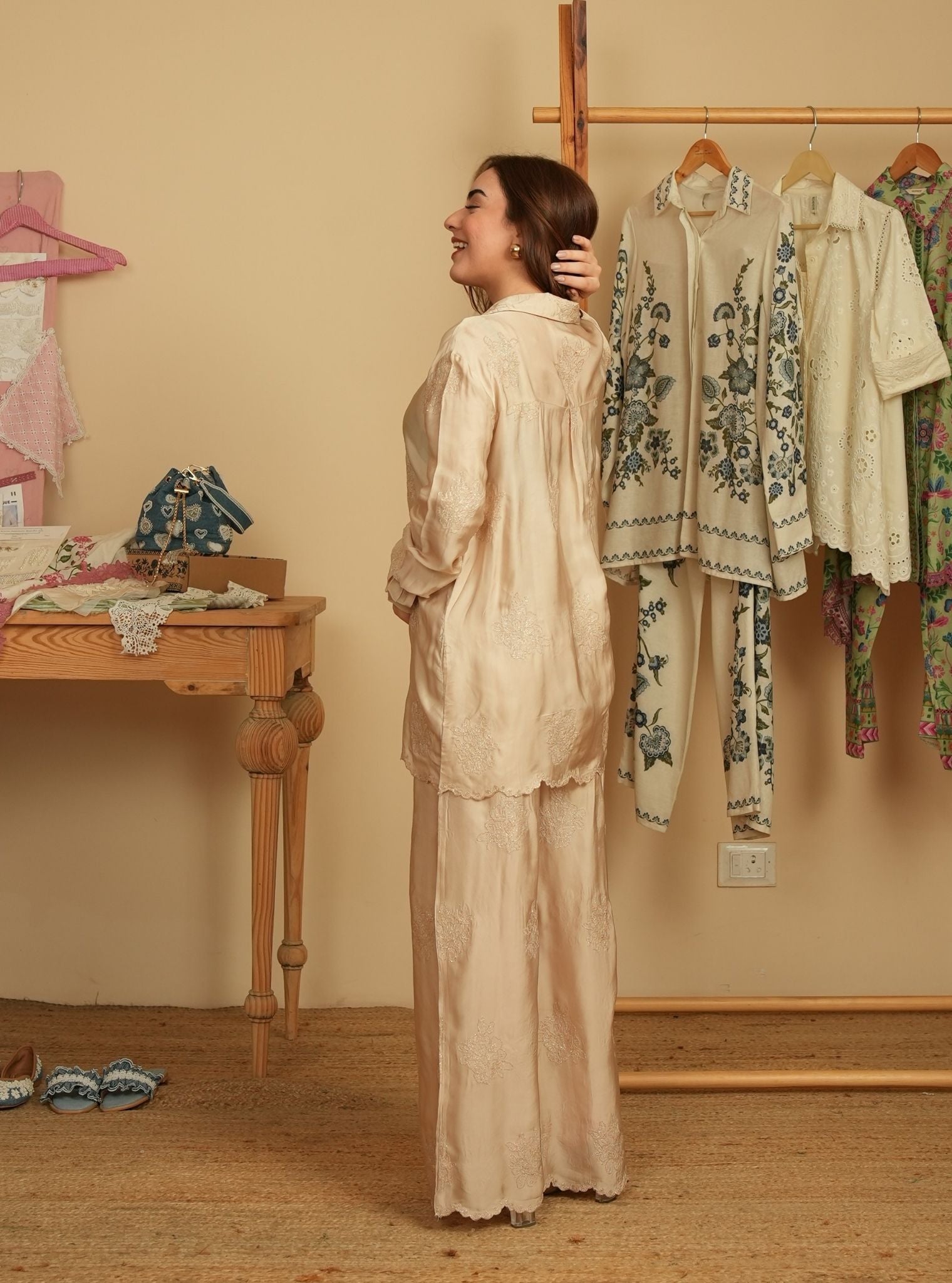 Mulmul Cupro Satin Mireille Beige Shirt With Mulmul Cupro Satin Mireille Beige Pant