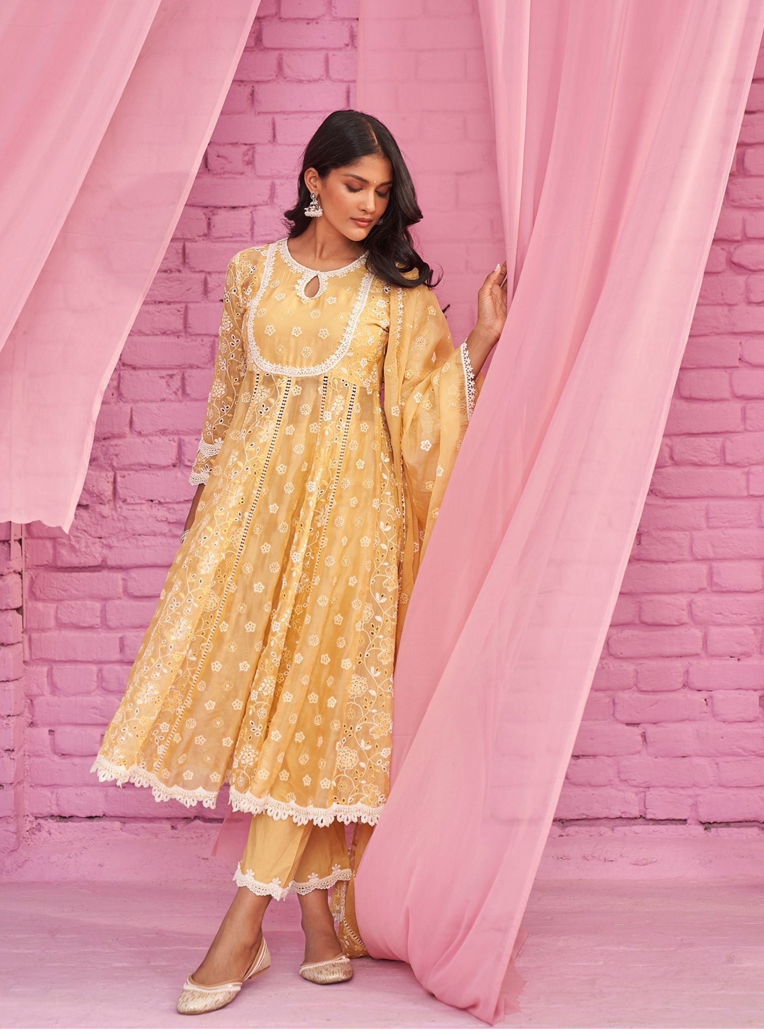 Mulmul Organza Britney Yellow Anarkali Kurta With Mulmul Cotton Britney Yellow Pant