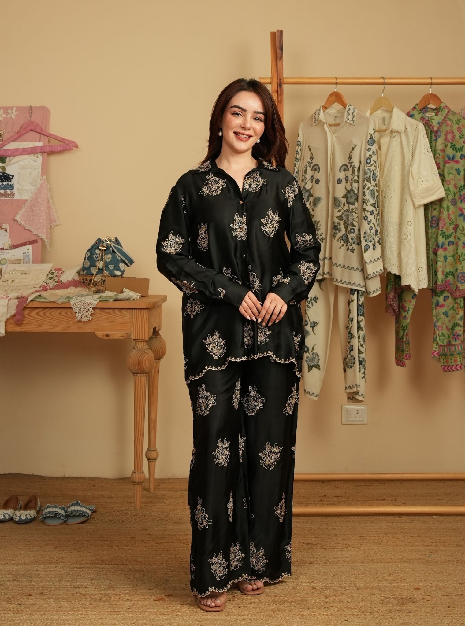 Mulmul Cupro Satin Mireille Black Shirt With Mulmul Cupro Satin Mireille Black Pant