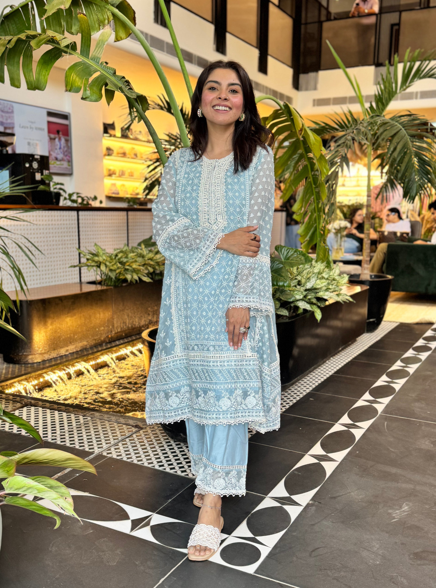 Mulmul Organza Sritha Blue Kurta With Mulmul Cotton Sritha Blue Pant