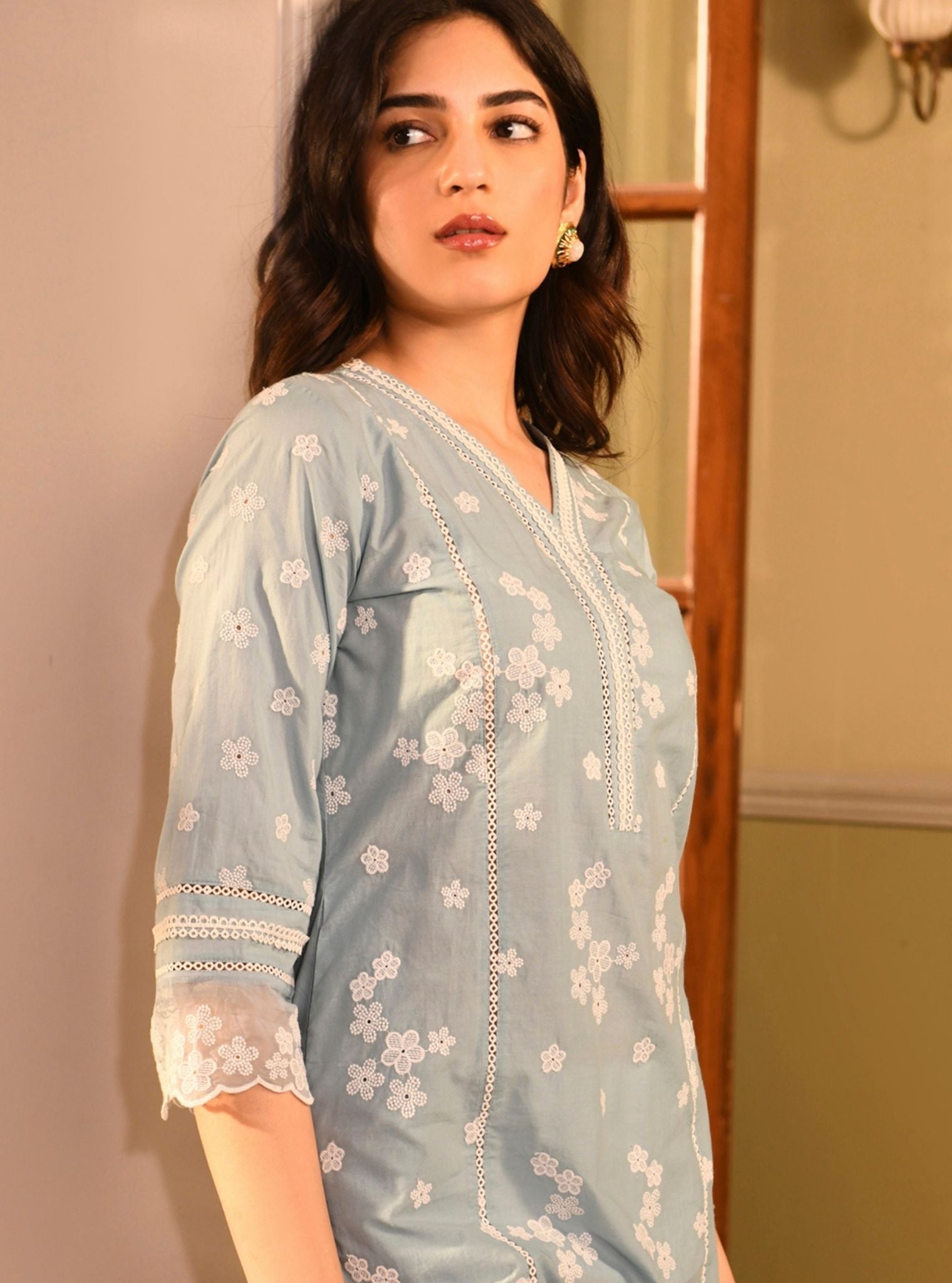 Mulmul Cotton Malisa Light Blue Kurta With Mulmul Cotton Floral Chemical Lace White Pant