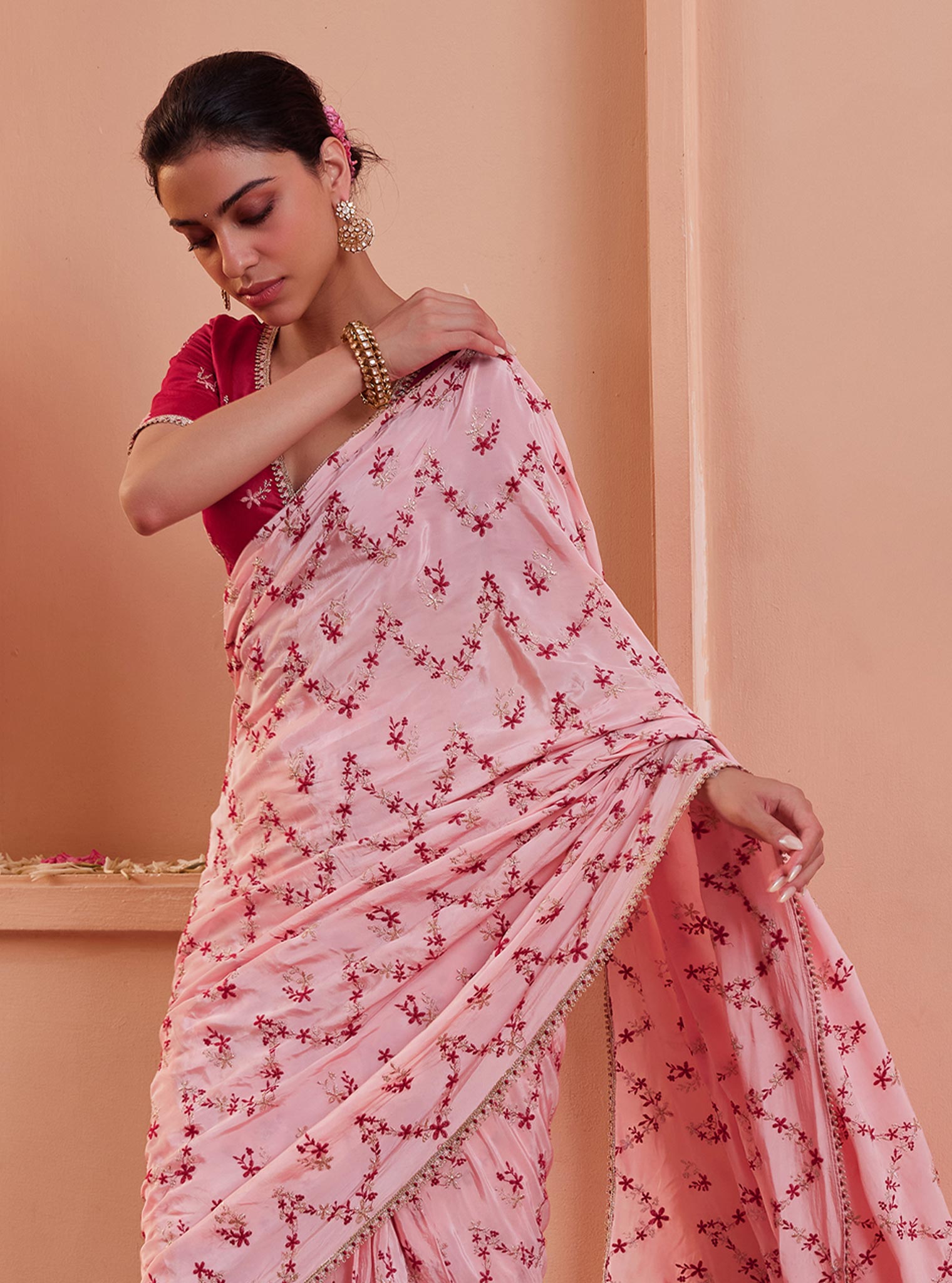 Mulmul Crepe Tavisi Pink Pre-Stitched?ÿSaree