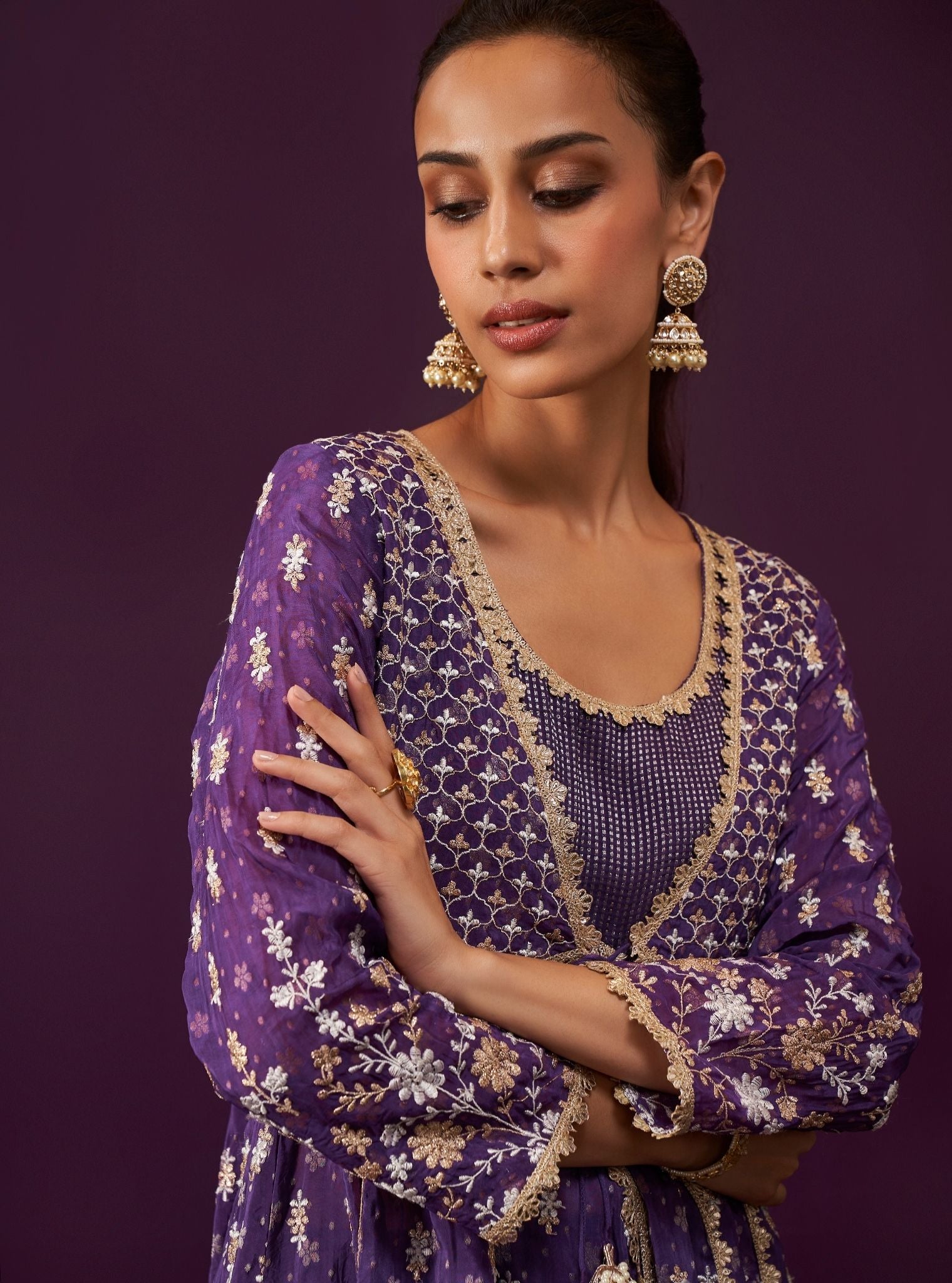 Mulmul Banarsi Nyah Purple Short Anarkali Kurta With Mulmul Banarsi Nyah Purple Dhoti Pant