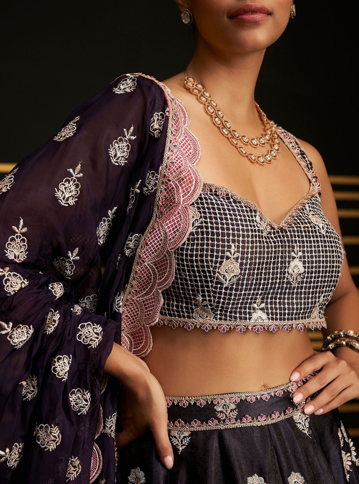 Mulmul Luxe Tissue Sathi Purple Lehenga