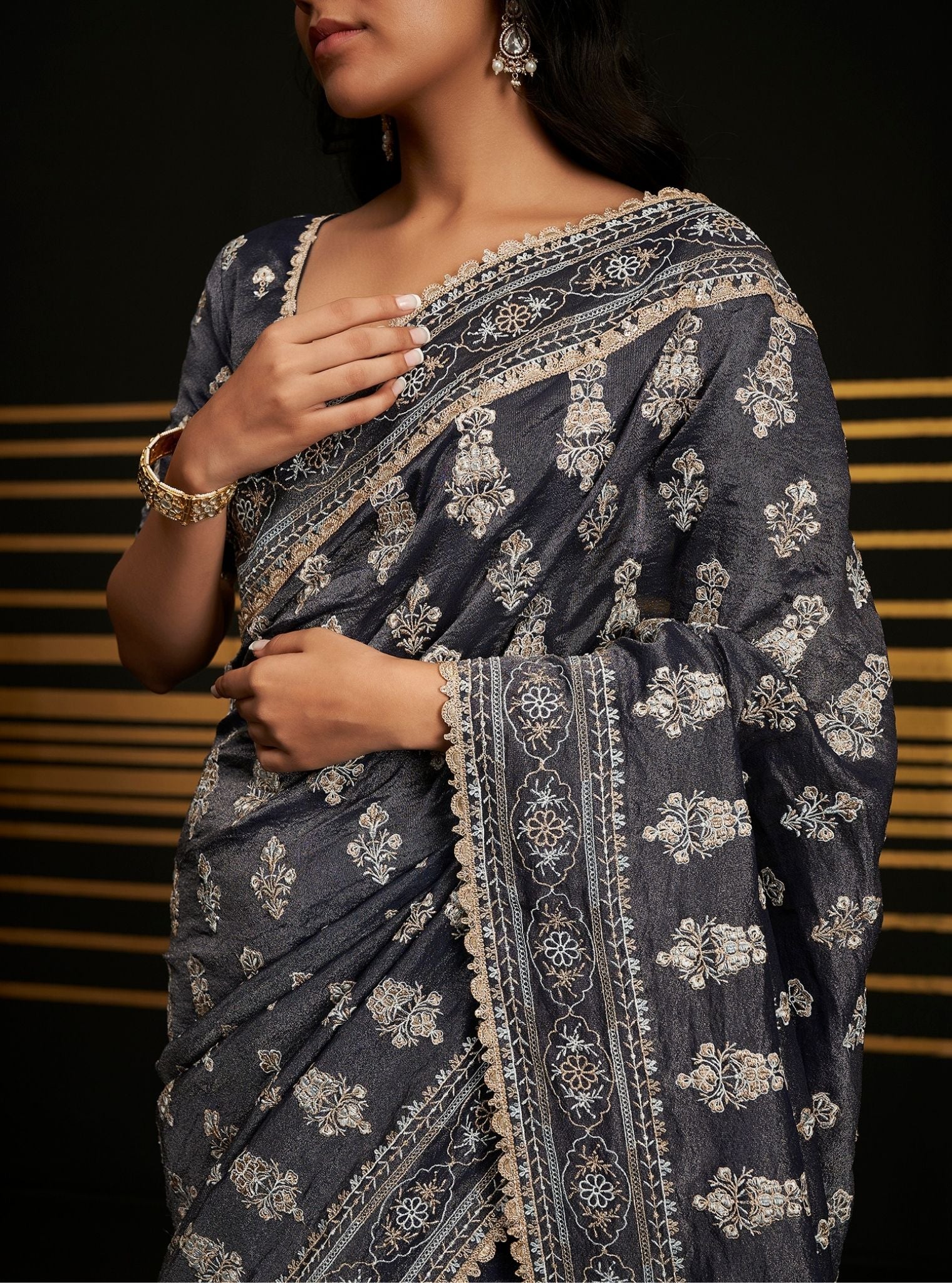 Mulmul Royal Tissue Rangrez Navy Saree