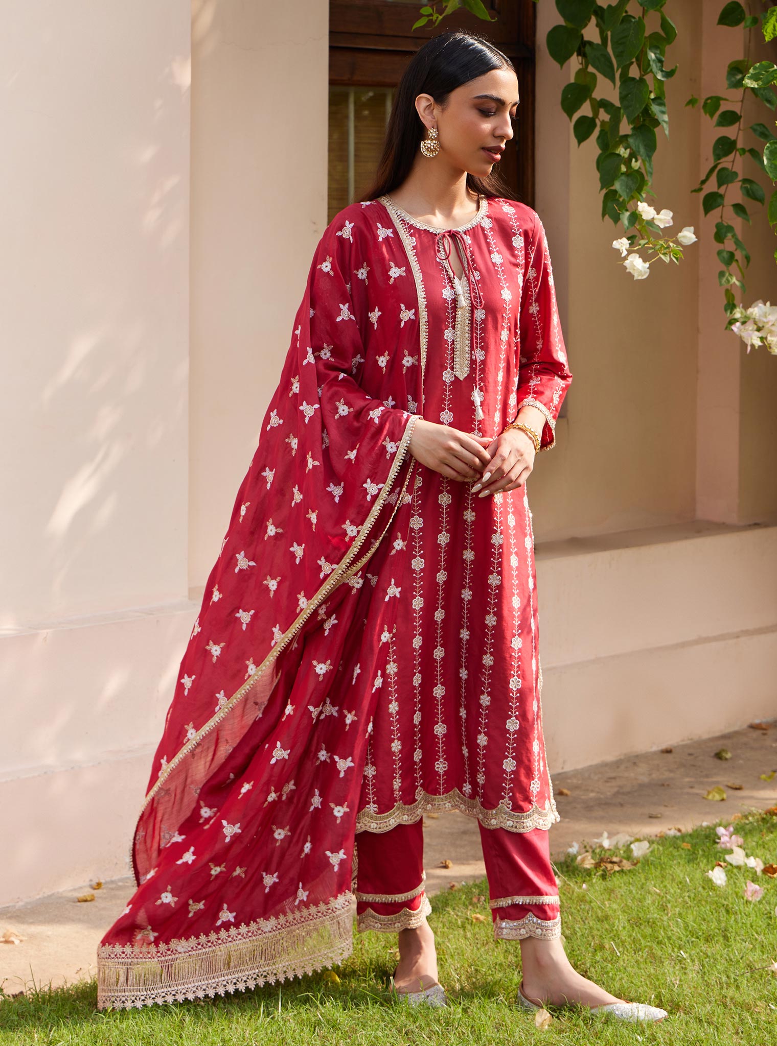 Mulmul Pima Jheel Red Kurta With Mulmul Jheel Red Pant