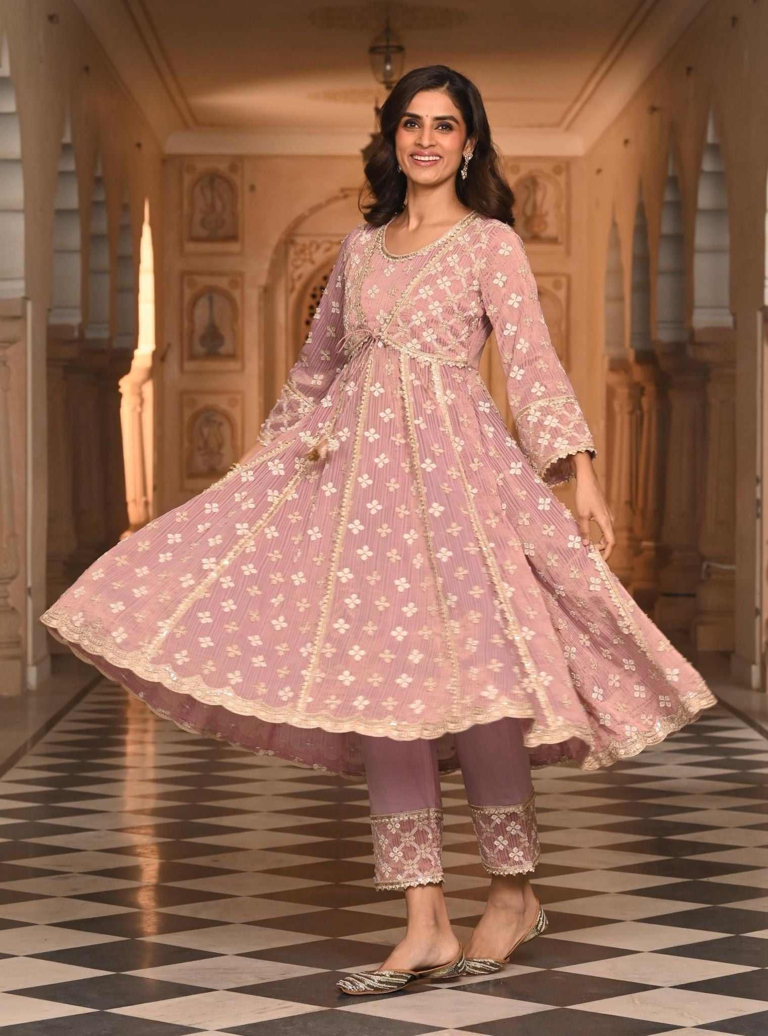 Mulmul Banarsi Bhumbro Lilac Anarkali Kurta with Mulmul Pima Satin Bhumbro Lilac Pant