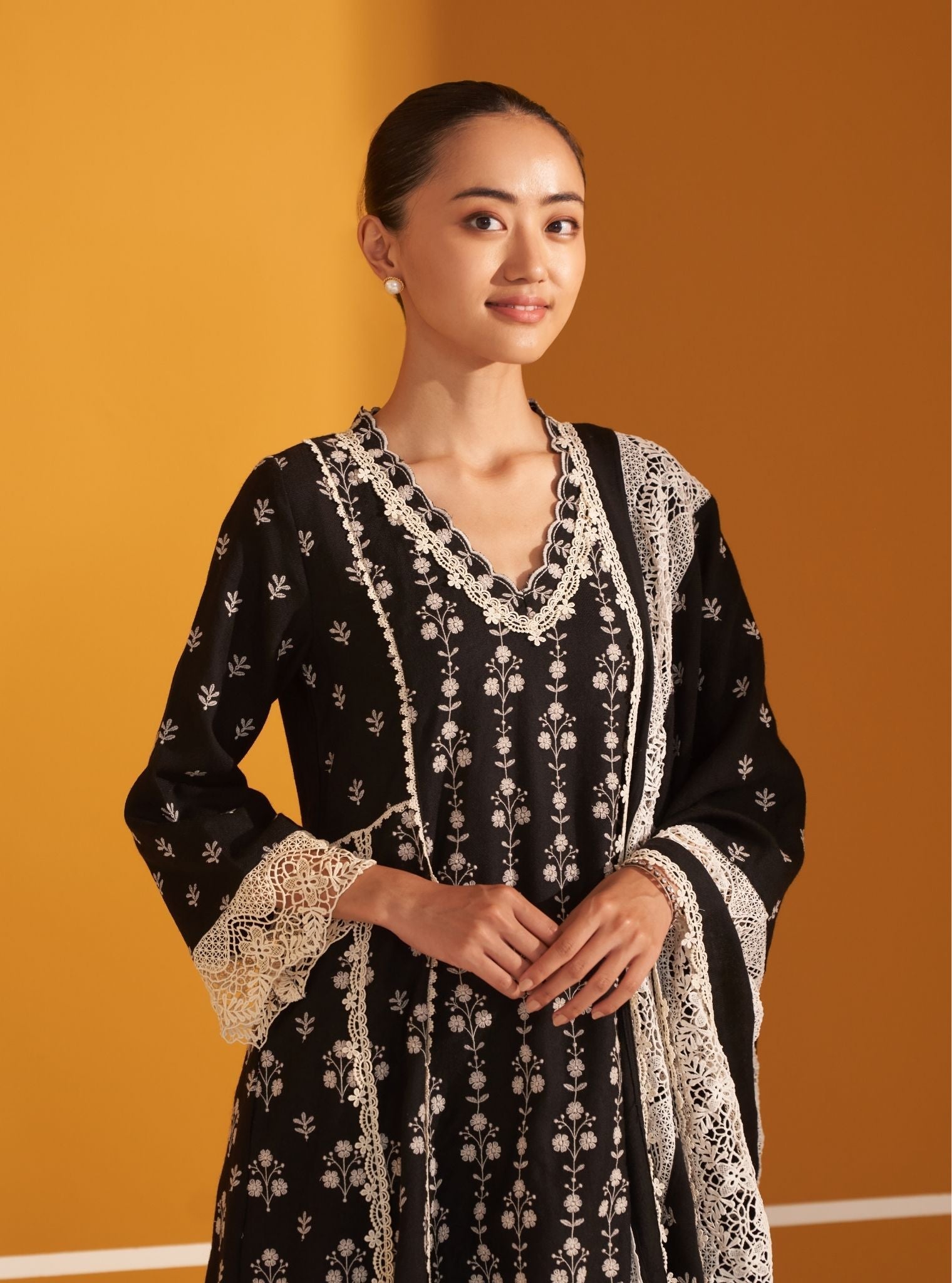 Mulmul Wool Selby Black Kurta With Mulmul Wool Selby Black Pant