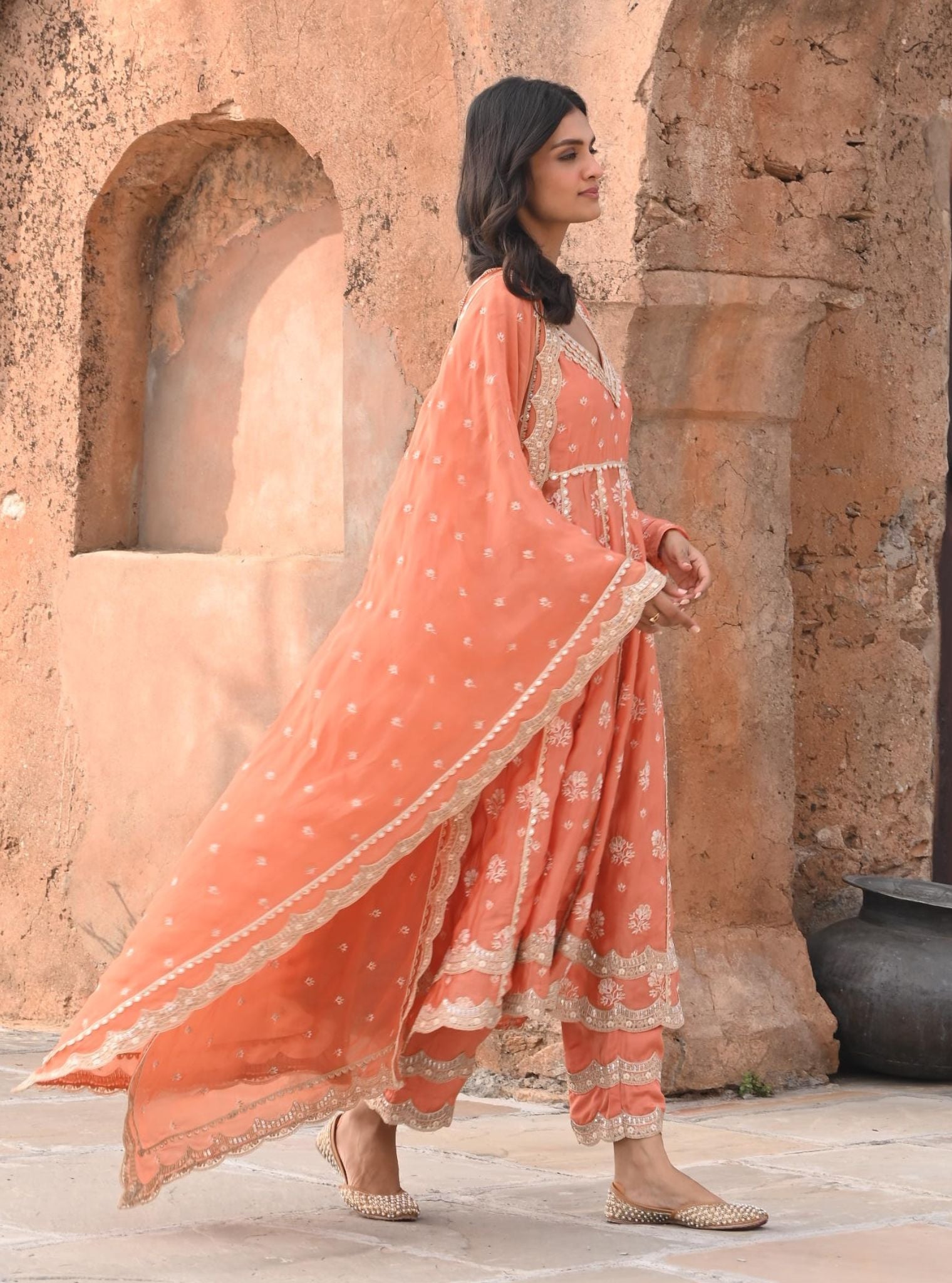 Mulmul Organza Satin Tareefan Burnt Orange Anarkali Kurta with Mulmul Modal Satin Tareefan Burnt Orange Pant