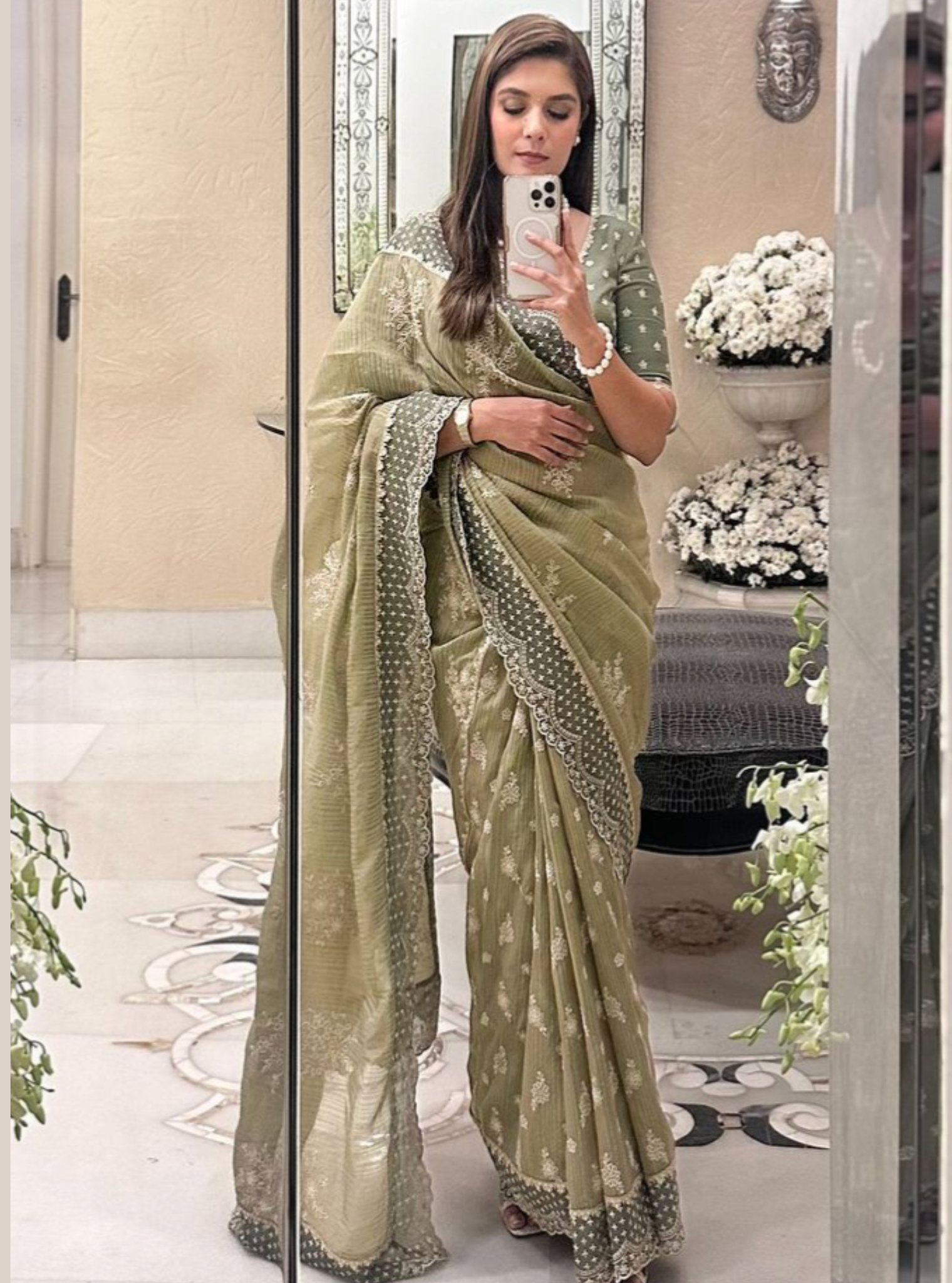 Mulmul Banarsi Aniyah Moss Green Saree