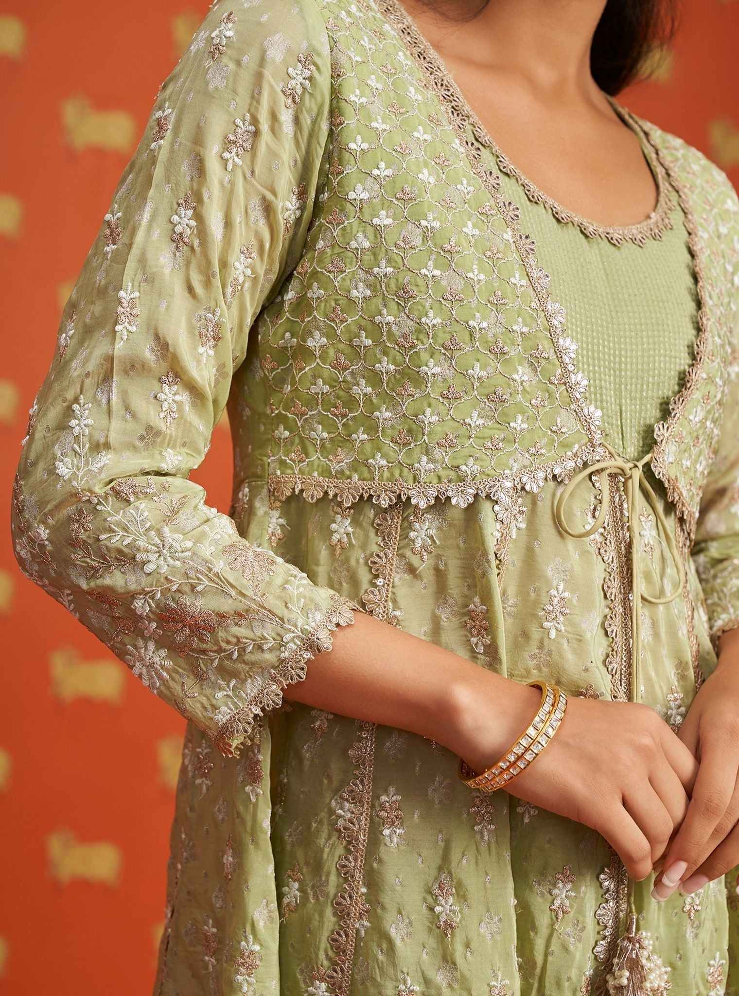 Mulmul Banarsi Nyah Green Short Anarkali Kurta With Mulmul Banarsi Nyah Green Dhoti Pant