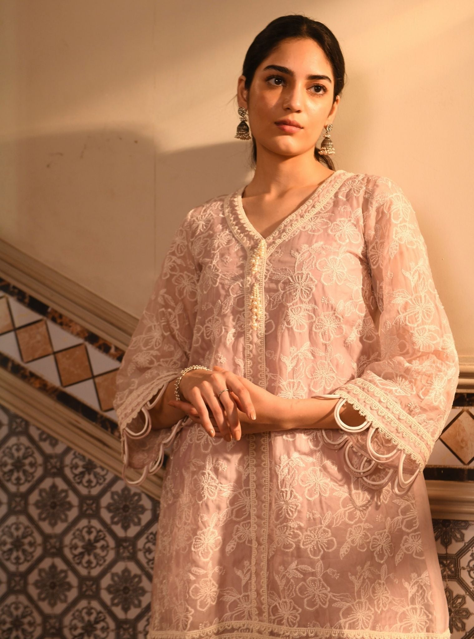 Mulmul Organza Alma Dusty Pink Kurta With Mulmul Cotton Alma Dusty Pink Pant