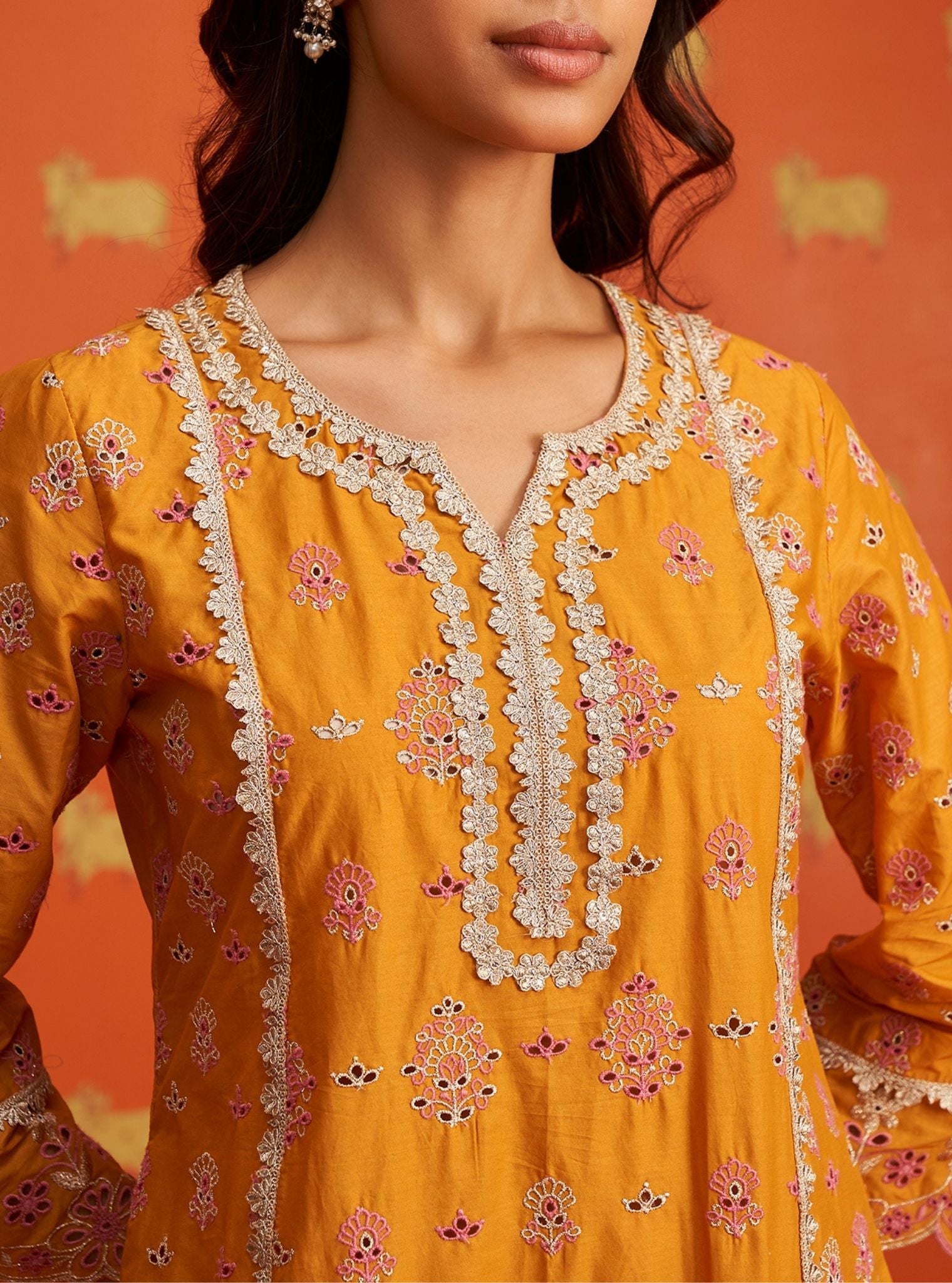 Mulmul Cotton Lamai Orange Kurta With Mulmul Cotton Lamai Orange Pant