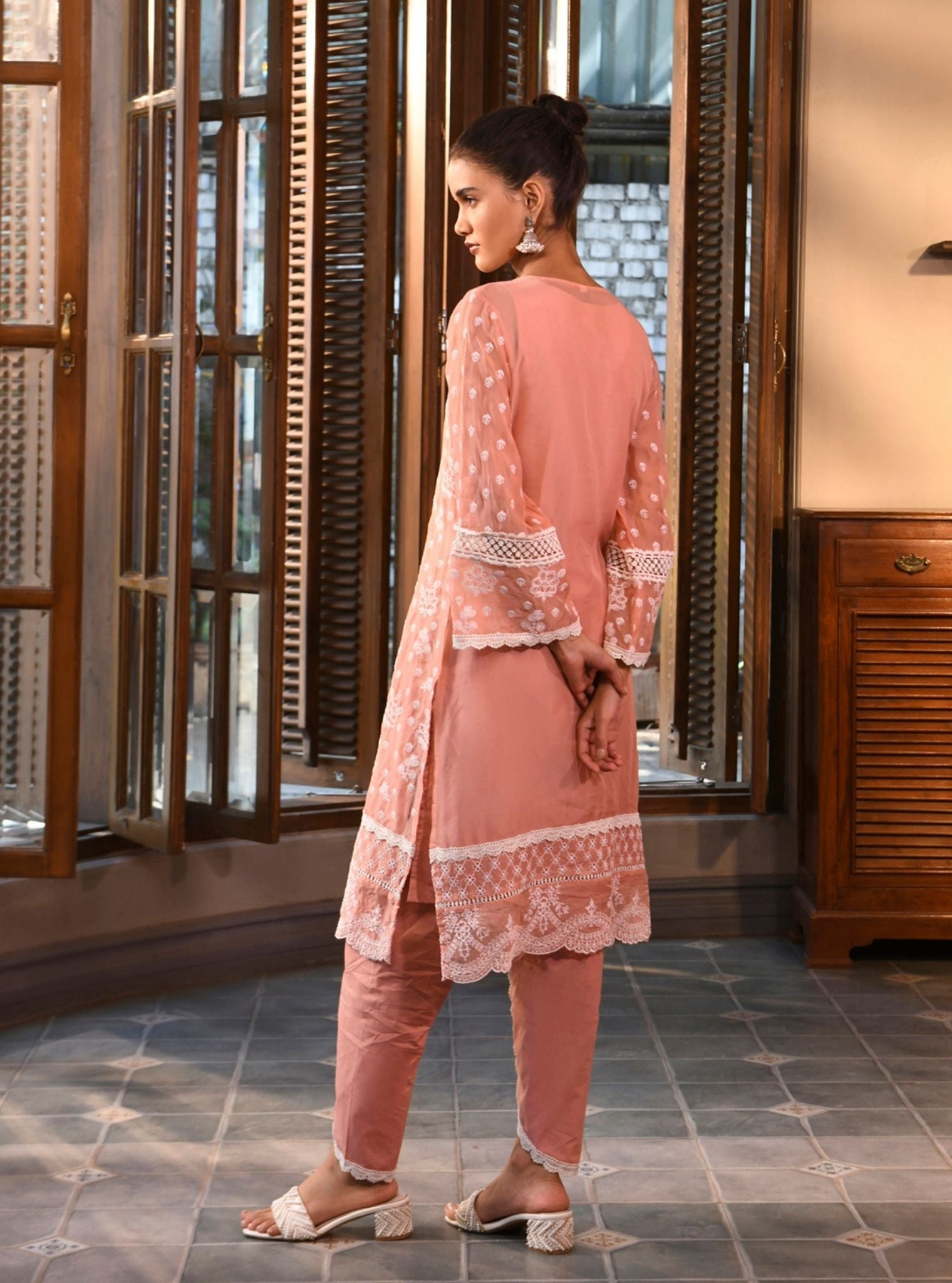 Mulmul Organza Aylin Peach Kurta With Mulmul Cotton Aylin Peach Dhoti Pant