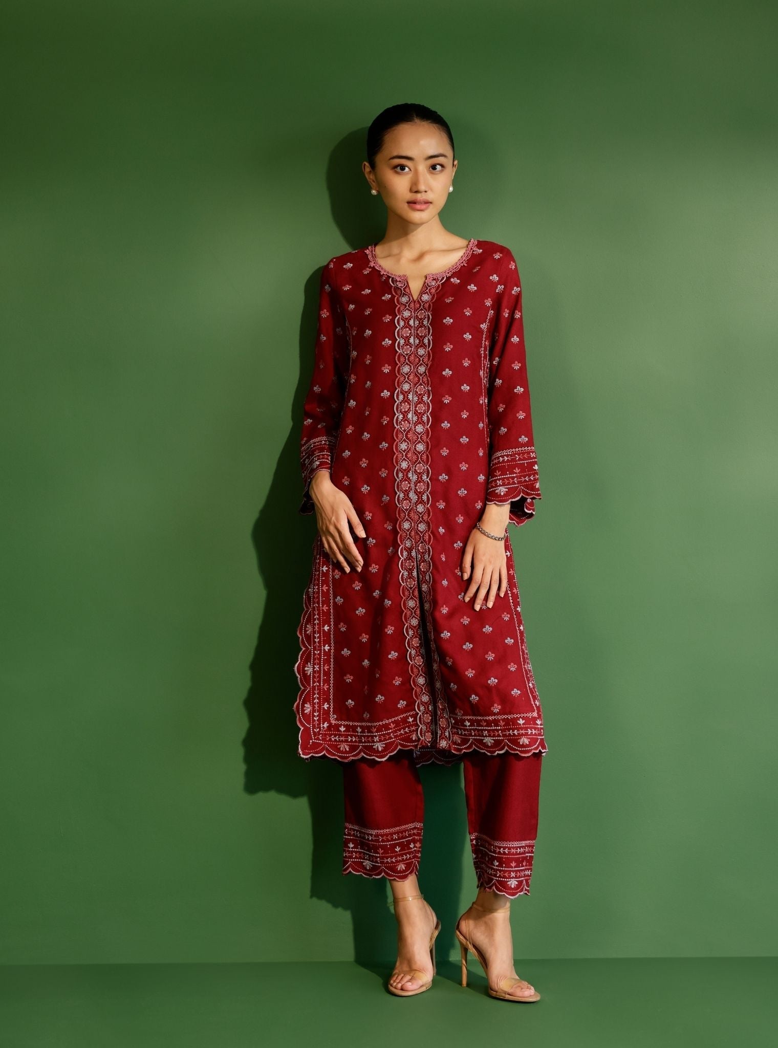 Mulmul Wool Tate Wine Kurta With Mulmul Wool Tate Wine Pant