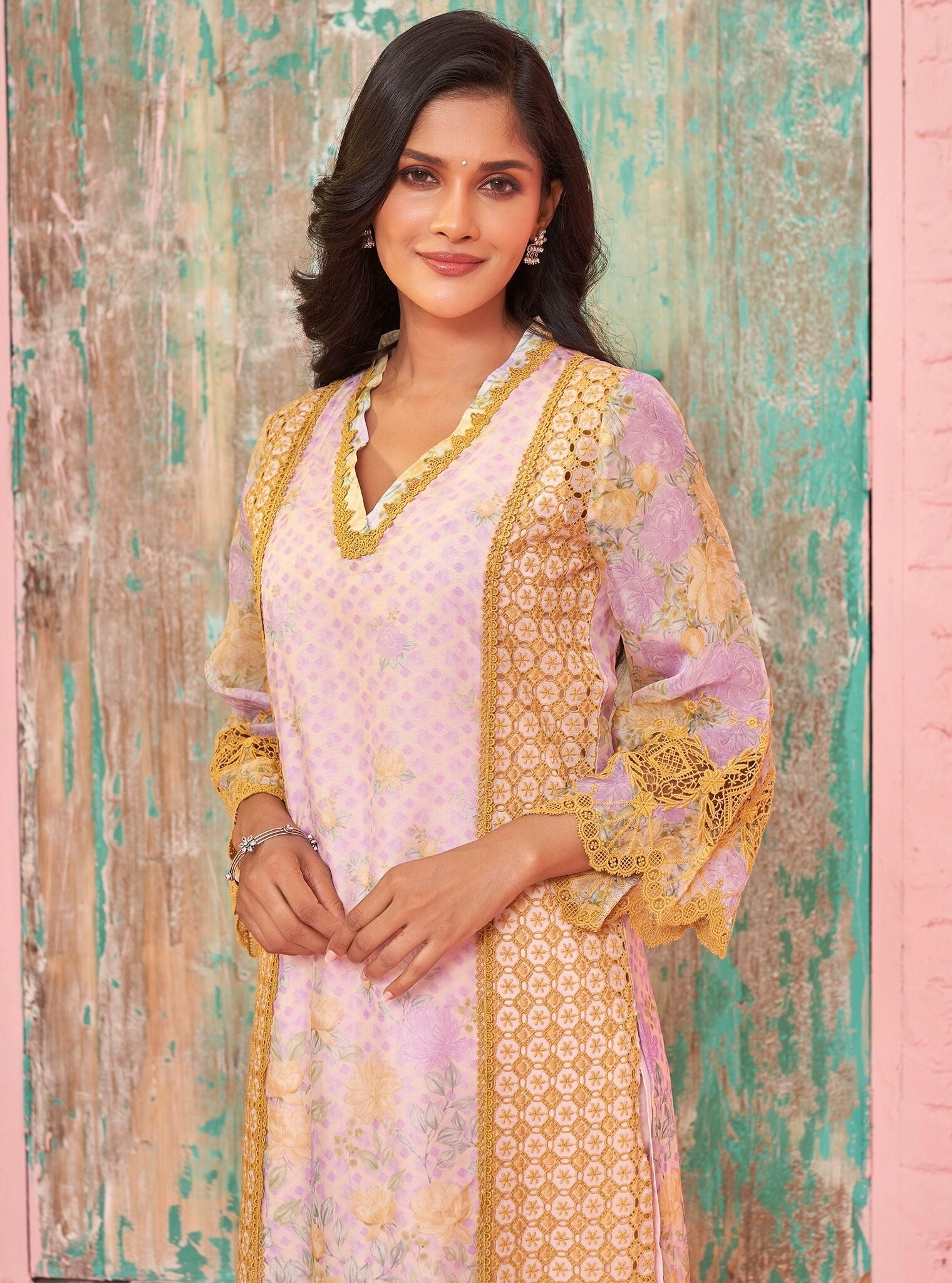 Mulmul Organza Printed Astoria Pink Kurta With Mulmul Cotton Astoria Pink Pant