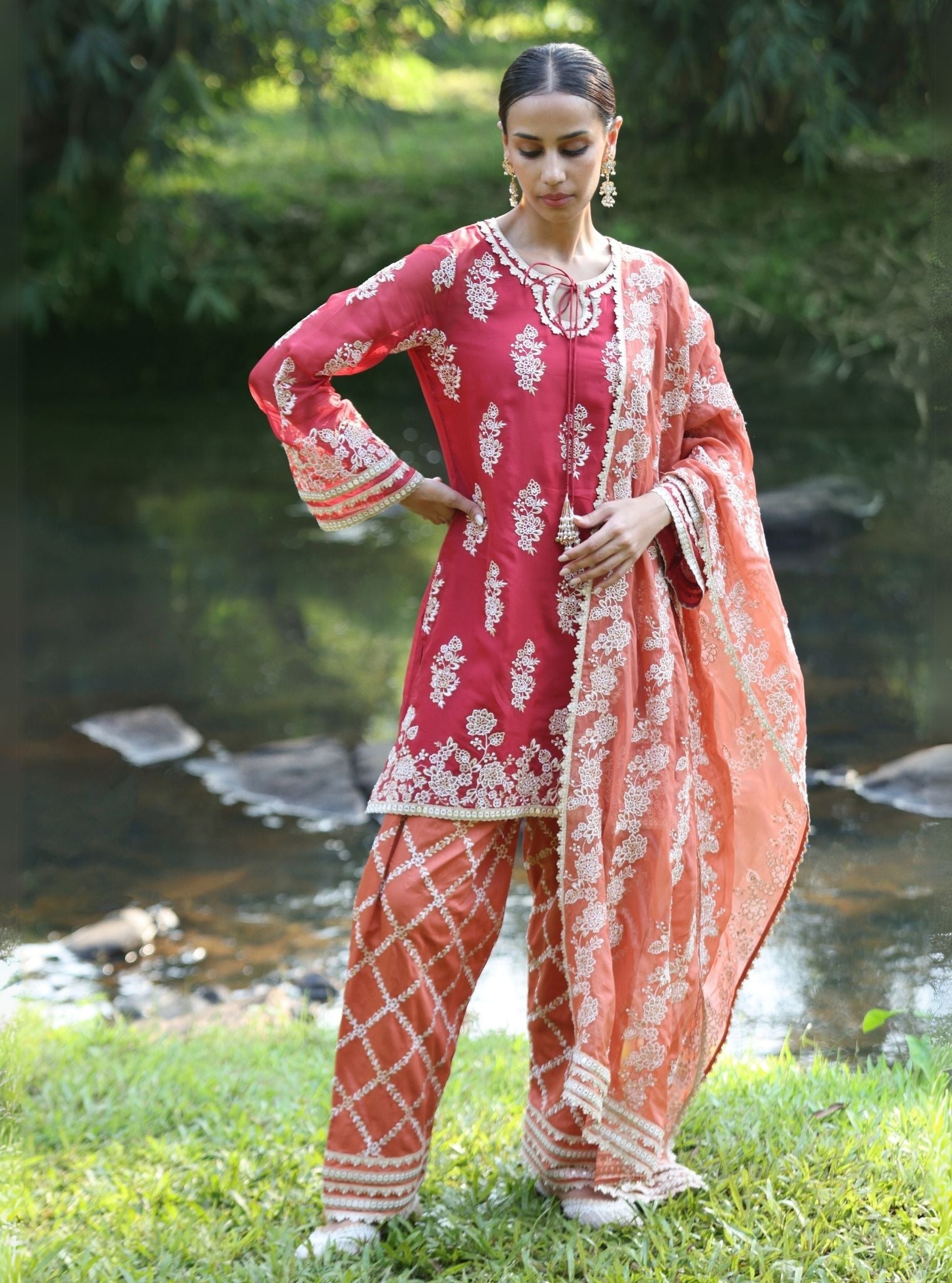 Mulmul Organza Khwab Red Kurta With Mulmul Pima Satin Khwab Orange Pant