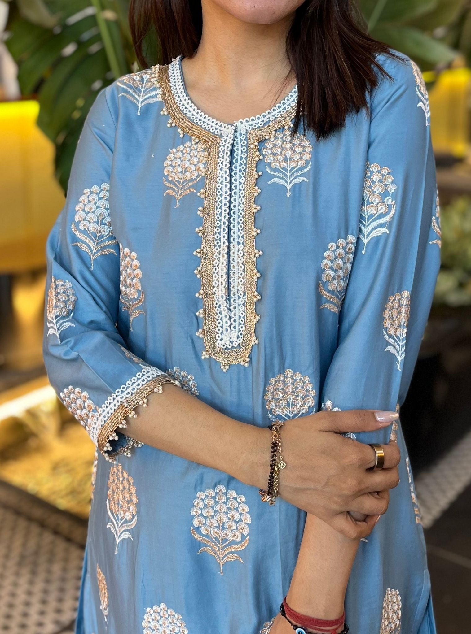 Mulmul Supima satin Amira Blue Kurta With Mulmul Amira Blue Pant