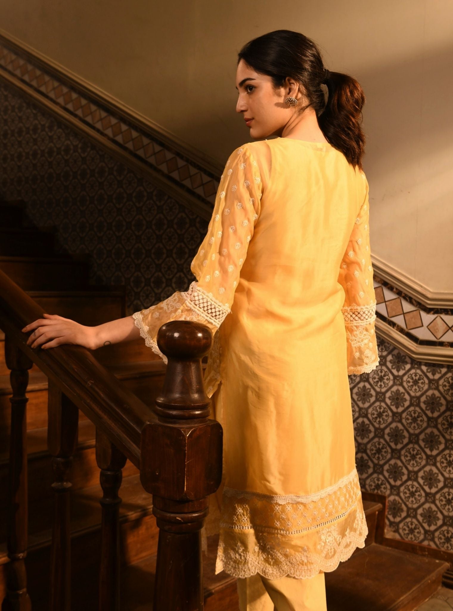 Mulmul Organza Aylin Yellow Kurta With Mulmul Cotton Aylin Yellow Dhoti Pant