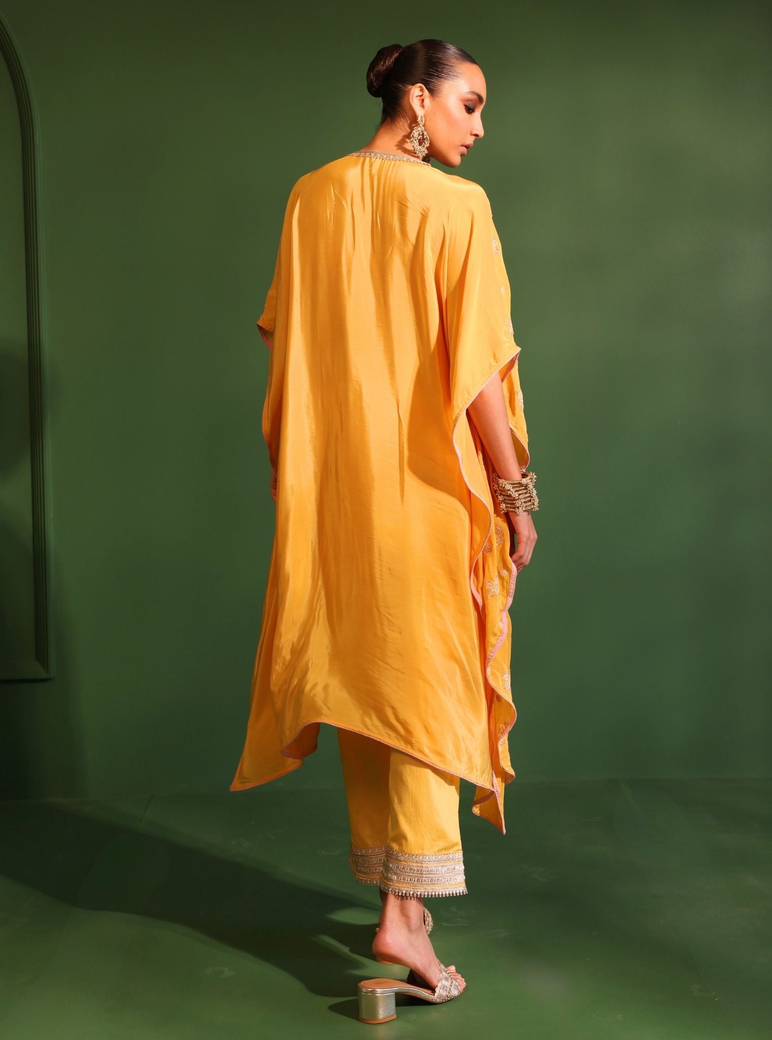 Mulmul Crepe Janam Yellow Kaftan With Mulmul Pima Satin Janam Yellow Pant