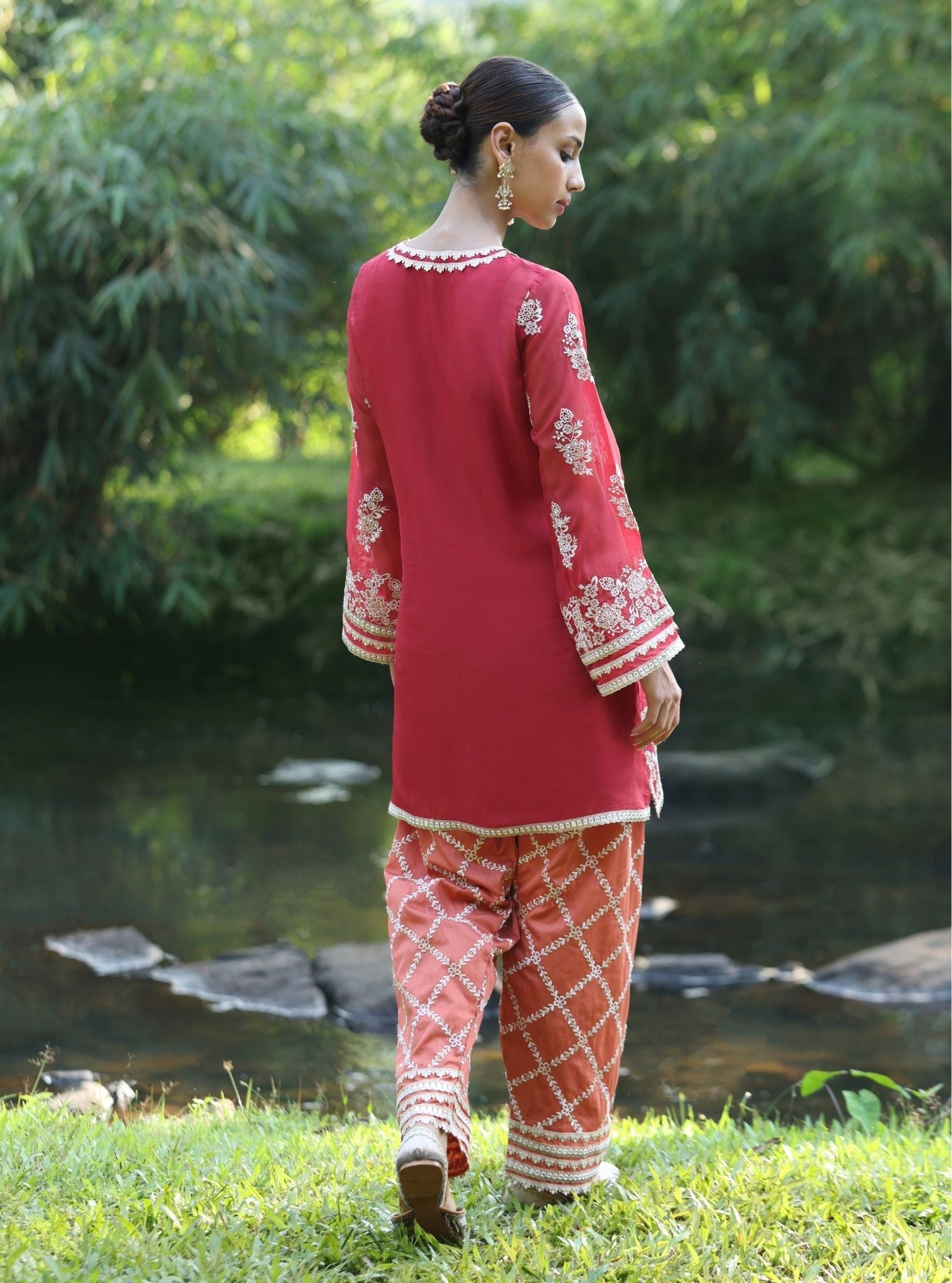 Mulmul Organza Khwab Red Kurta With Mulmul Pima Satin Khwab Orange Pant