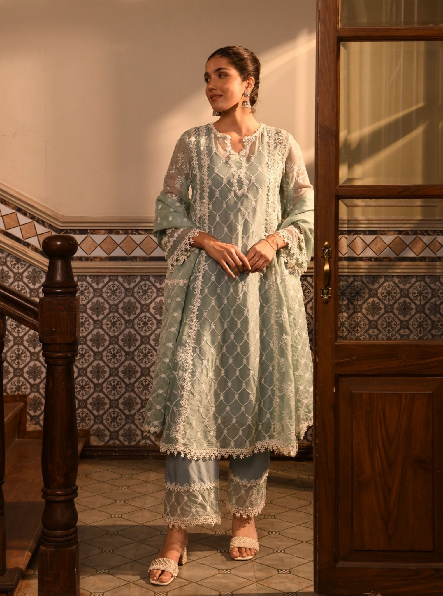 Mulmul Cotton Lawana Green Kurta With Mulmul Cotton Lawana Green Pant