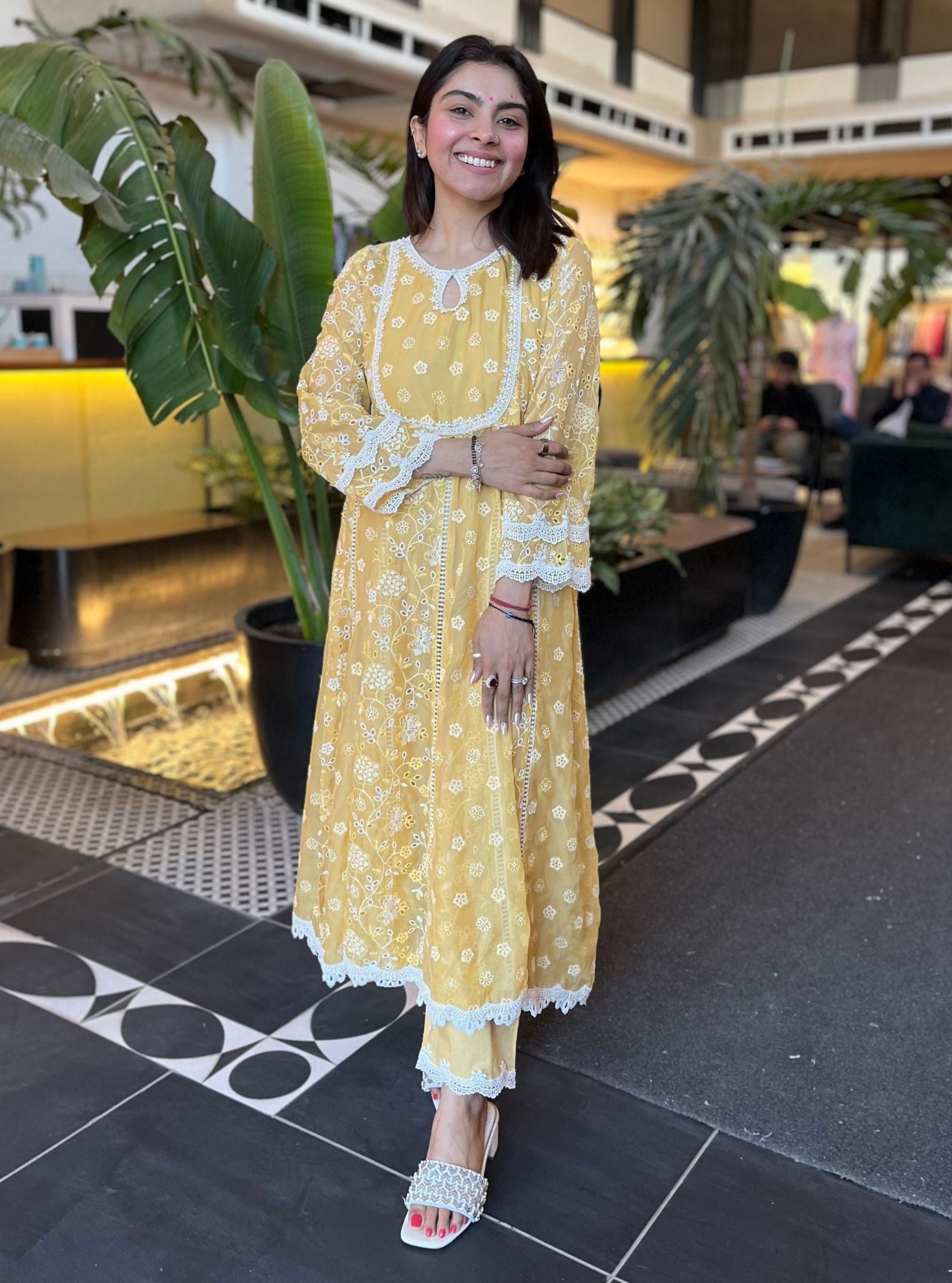 Mulmul Organza Britney Yellow Anarkali Kurta With Mulmul Cotton Britney Yellow Pant