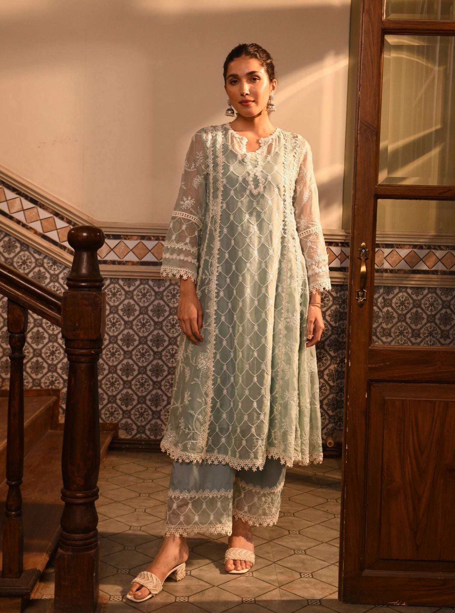 Mulmul Organza Barsin Teal Blue Anarkali Kurta With Mulmul Cotton Barsin Teal Blue Pant