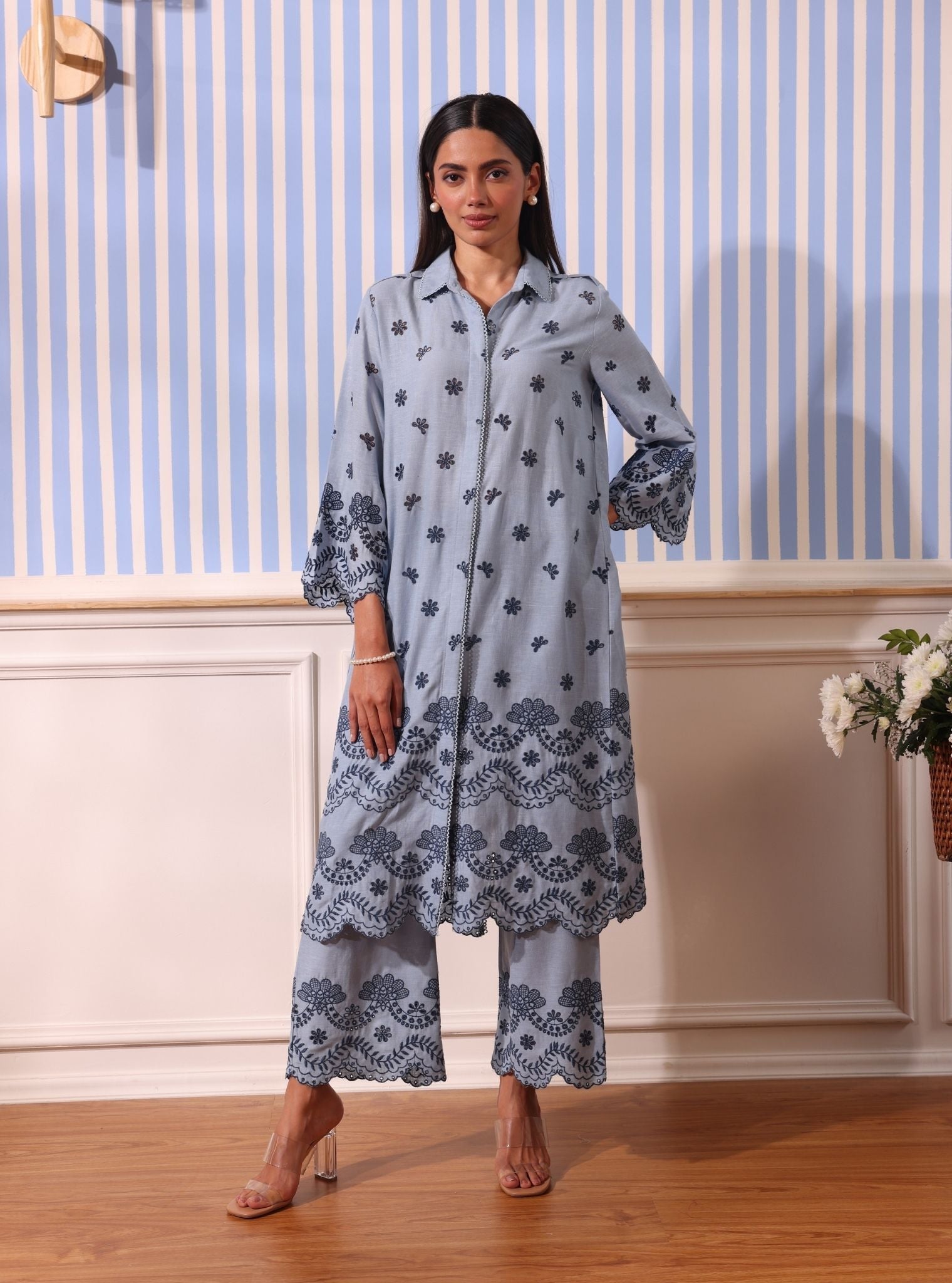 Mulmul Linen Odin Light Blue Kurta With Mulmul Linen Odin Light Blue Pant